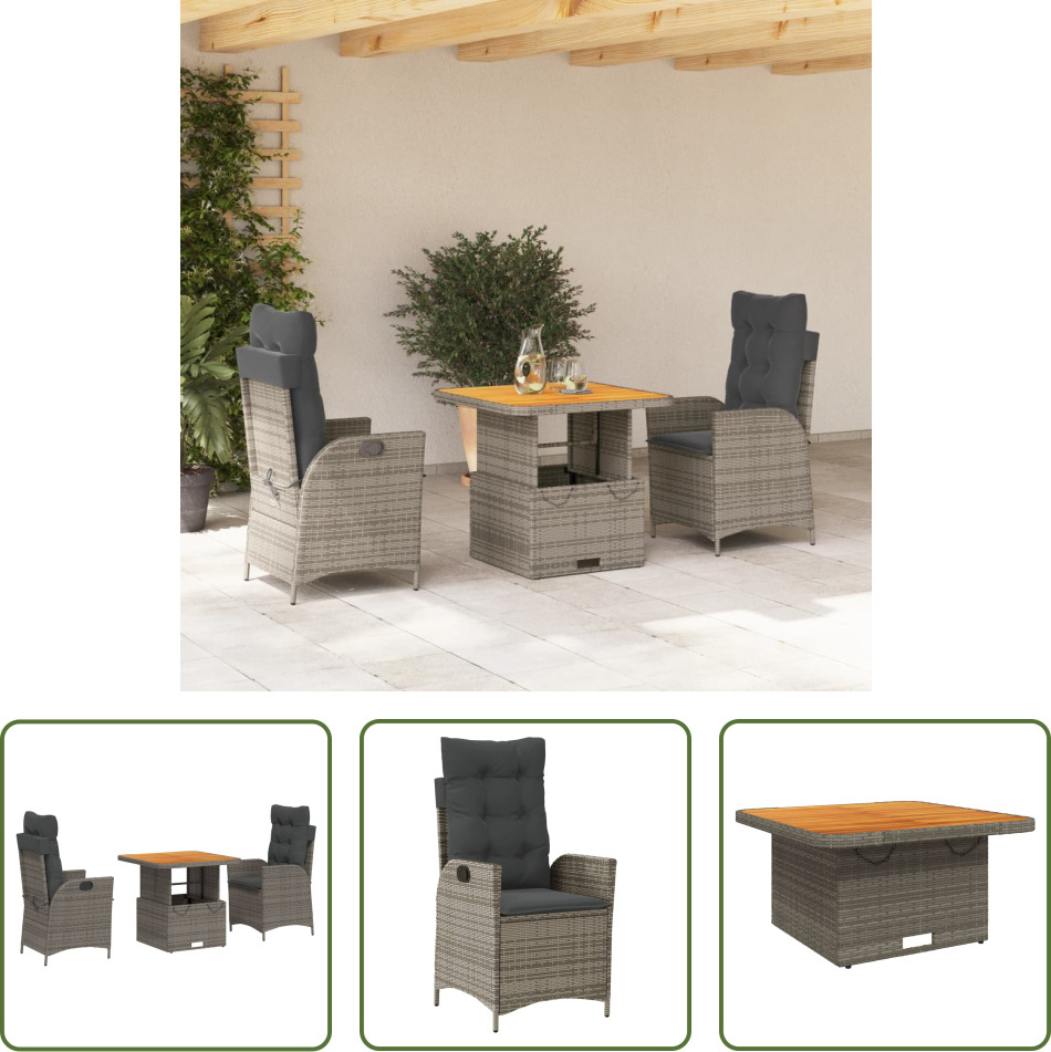 The Living Store 3-dielny záhradný jedálenský set s vankúšmi sivý polyratan