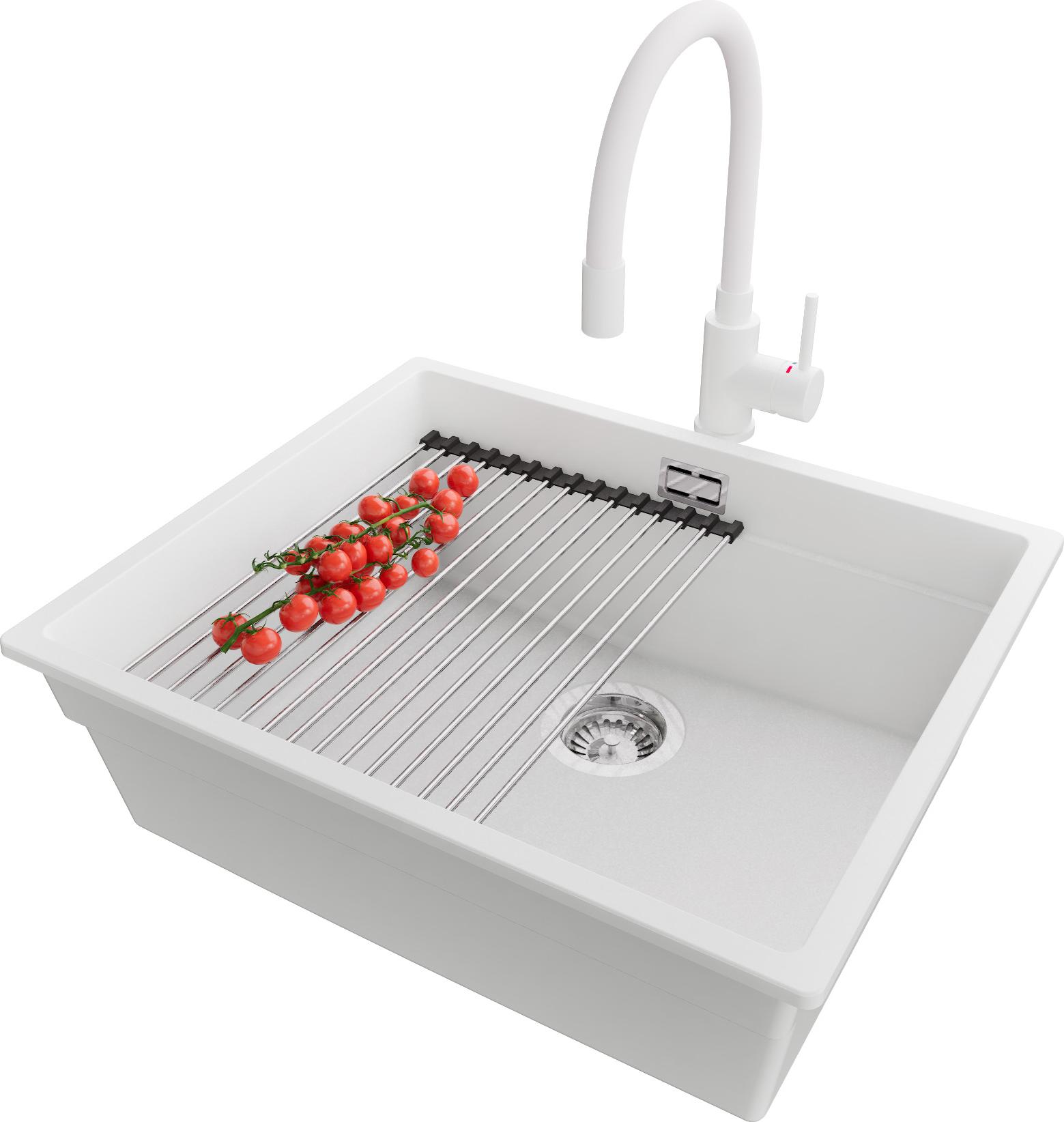PRIMAGRAN Granitspüle Weiß 56x47cm, Spülbecken 1 Becken + Küchenarmatur 38x14cm + Ablauf-Set + Küchenzubehörset, Küchenspüle ab 60er Unterschrank - Praga Slim