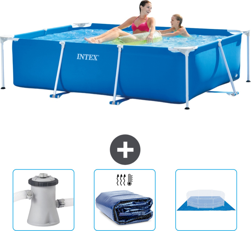 Bazén Intex s obdĺžnikovým rámom - 220 x 150 x 60 cm - modrý - vrátane filtračného čerpadla pre bazén - slnečná plachta - krycia plachta