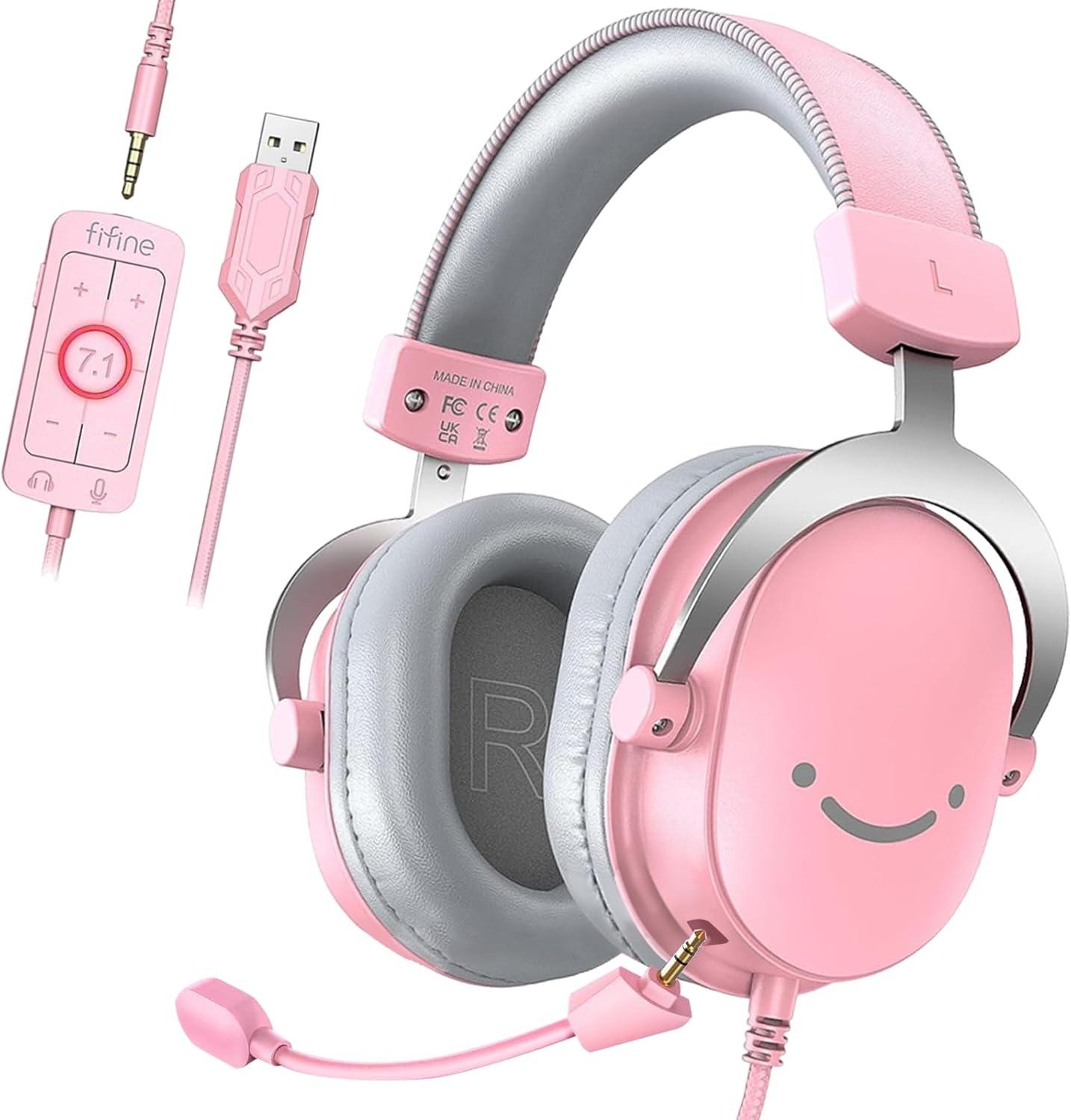 FiFine Gaming Headset mit Mikrofon, Over Ear Kopfhörer mit Kabel, USB Headset für PC PS4 PS5 Xbox Switch, RGB Headphone mit 7.1 Surround Sound und Ohrpolster