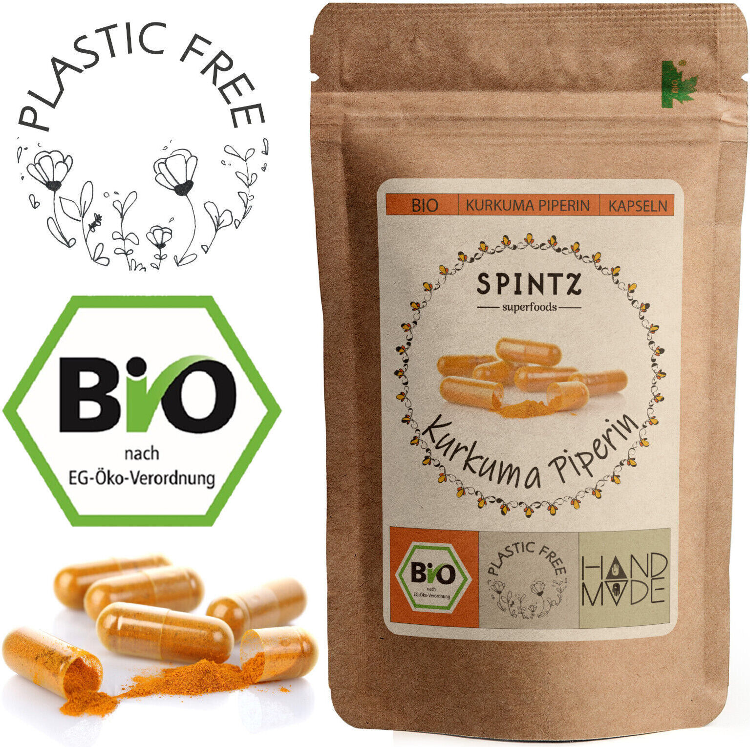Spintz 210Kurkuma + Piperin Kapseln Curcuma + Pfeffer Kapseln hochdosiert - 650mg SPINTZ-Bio-Kurkuma-Piperin-Kapseln-210stk.