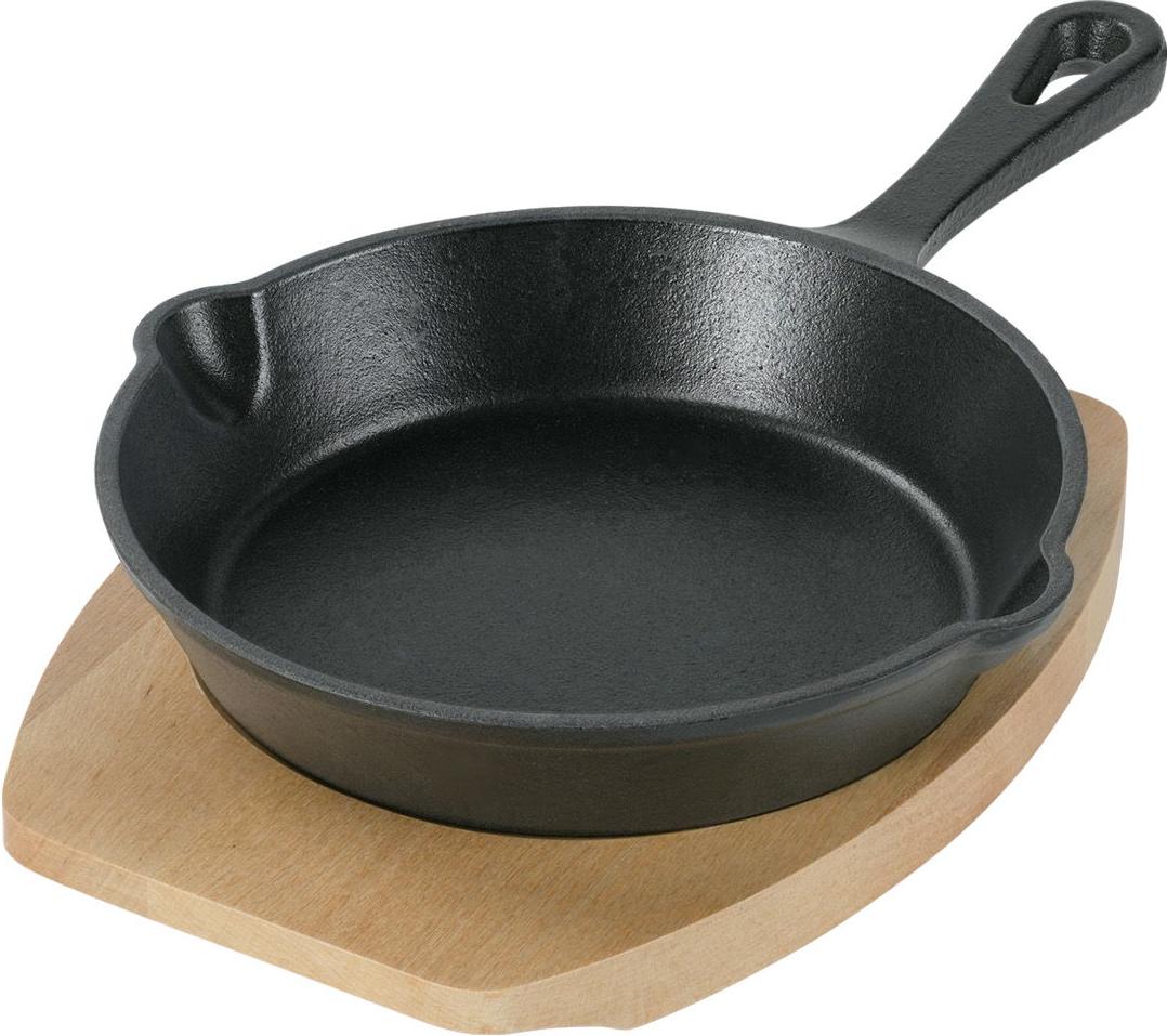Freyersbacher® Gusseisenpfanne 15 cm, Emaille Bratpfanne | mit Brett und Tuch