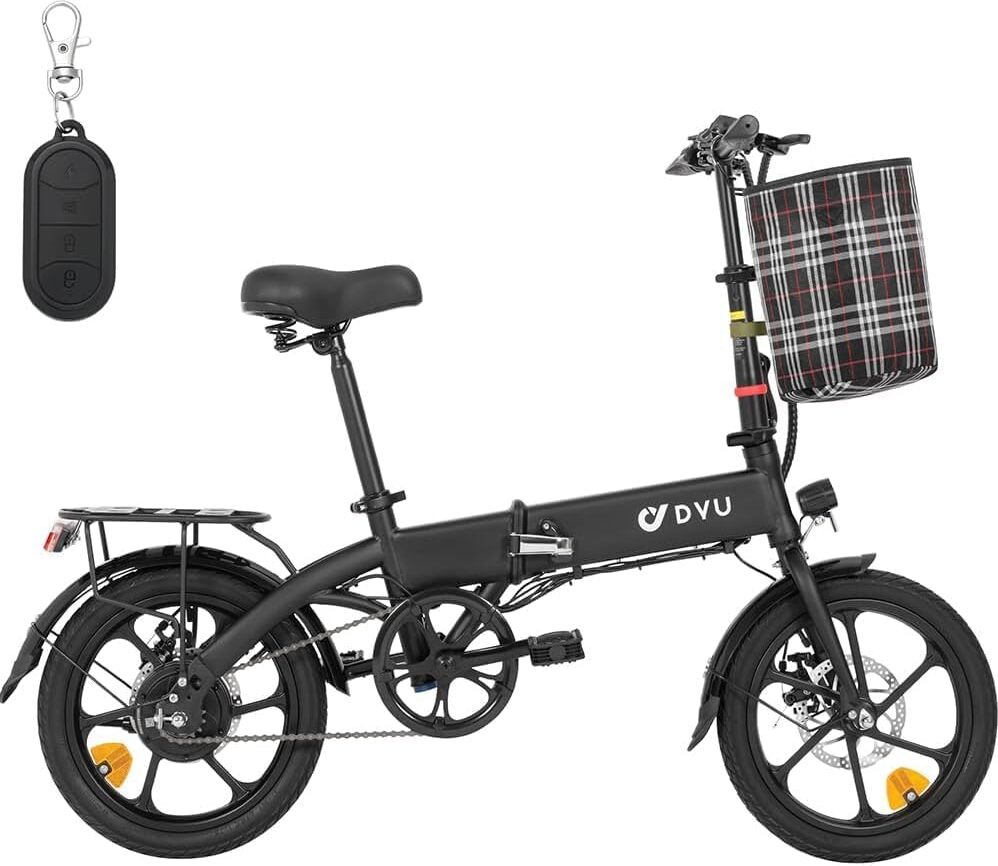 Elektrický bicykel DYU A1F PRO E, 16-palcový elektrický skladací bicykel s indikátorom batérie, diaľkový štart, 3 jazdné režimy, nočné svetlá, asistent pedálov, nastaviteľná výška sedadla, skladací pedelec pre mužov a ženy
