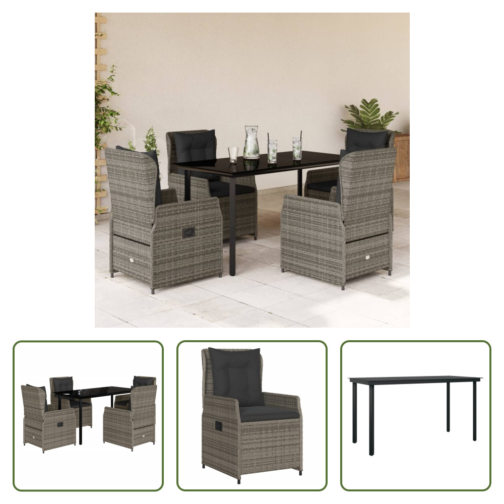 The Living Store 5-dielny záhradný jedálenský set s vankúšmi sivý polyratan