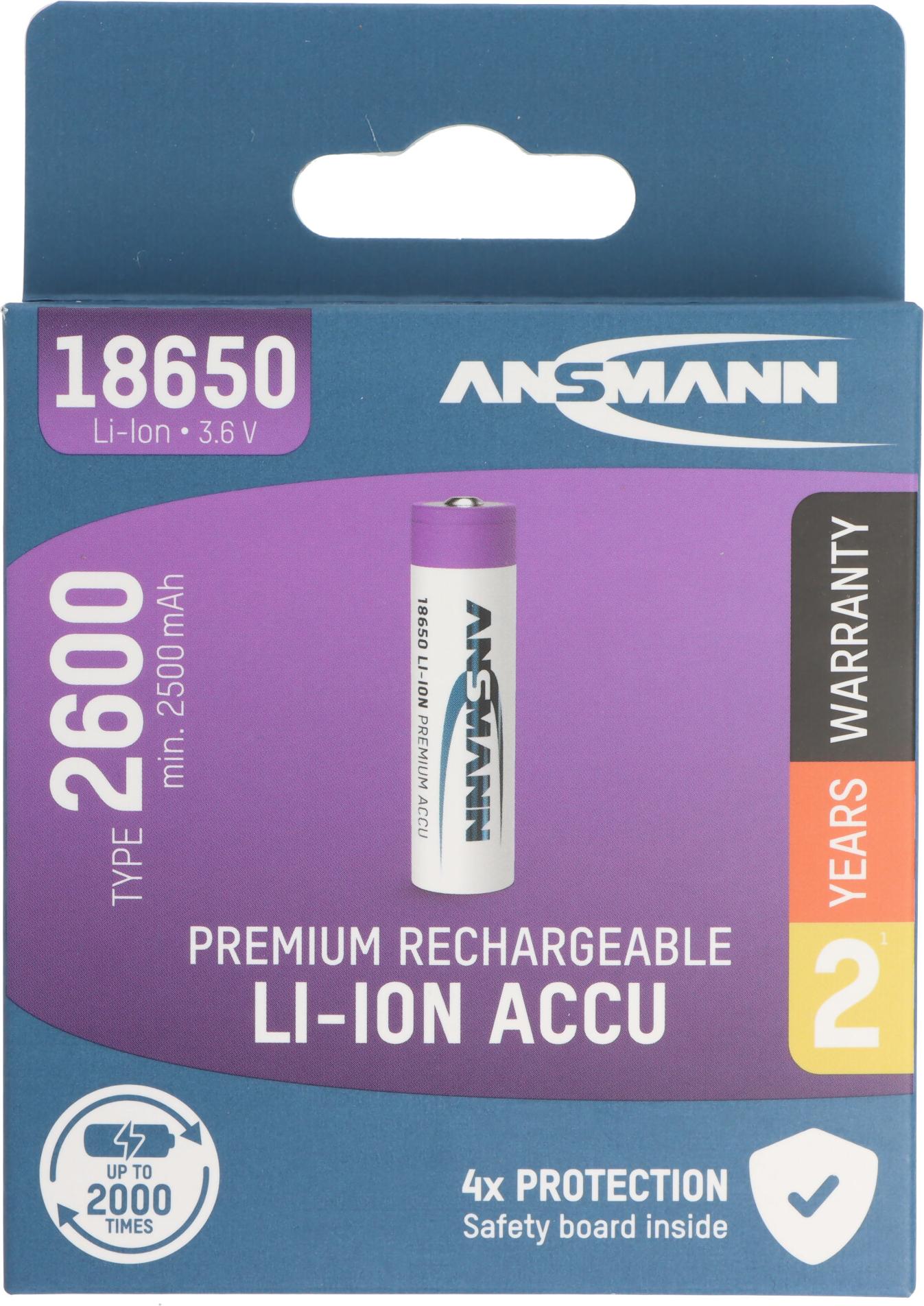 ANSMANN 18650 Lithium-Ionen Akku 3,6 Volt 2600mAh, 9.36Wh, 69,8x18mm, geschützter Akku, Sicherheitsbeschaltung