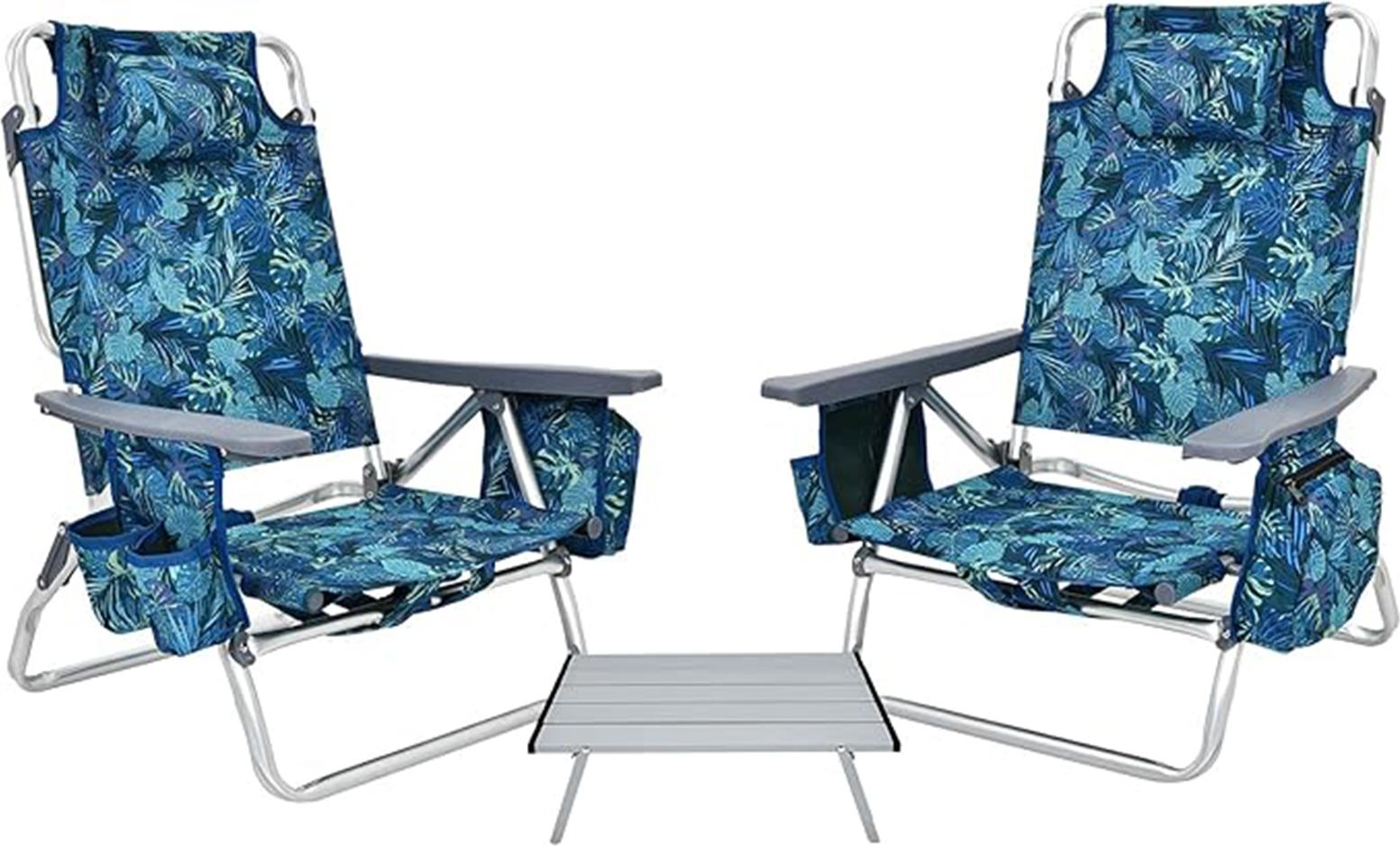 3-dielna súprava plážových kresiel, kempingové kreslá s 5 polohami na ležanie a sedenie a sklápacím bočným stolíkom, lehátka pre, bez nutnosti montáže