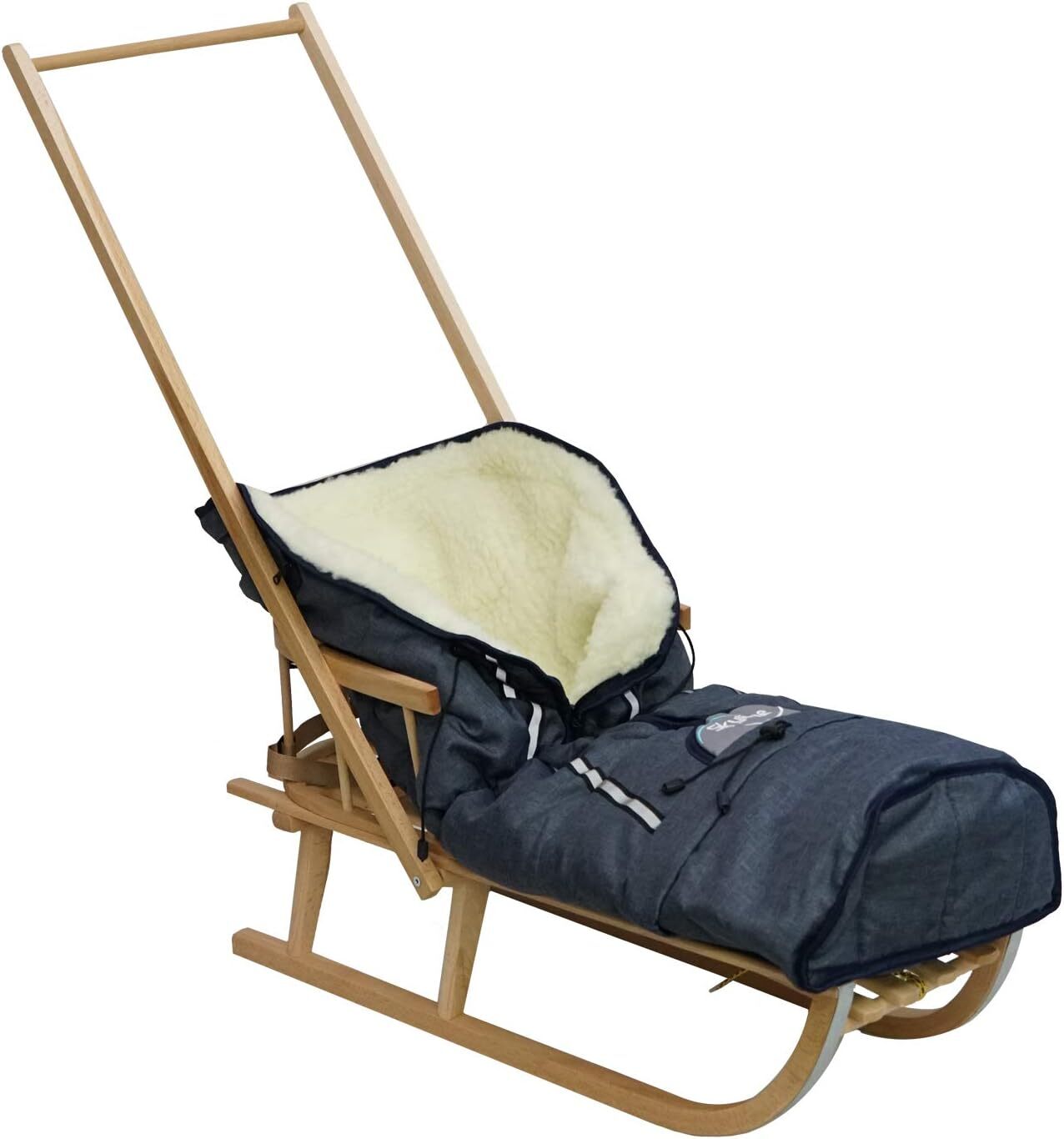 Skyline Holzschlitten für Kinder mit Rückenlehne Rodelschlitten Davoser Schlitten aus Holz mit einem Sicherheitsgurt, Rückenlehne und Winterfußsack