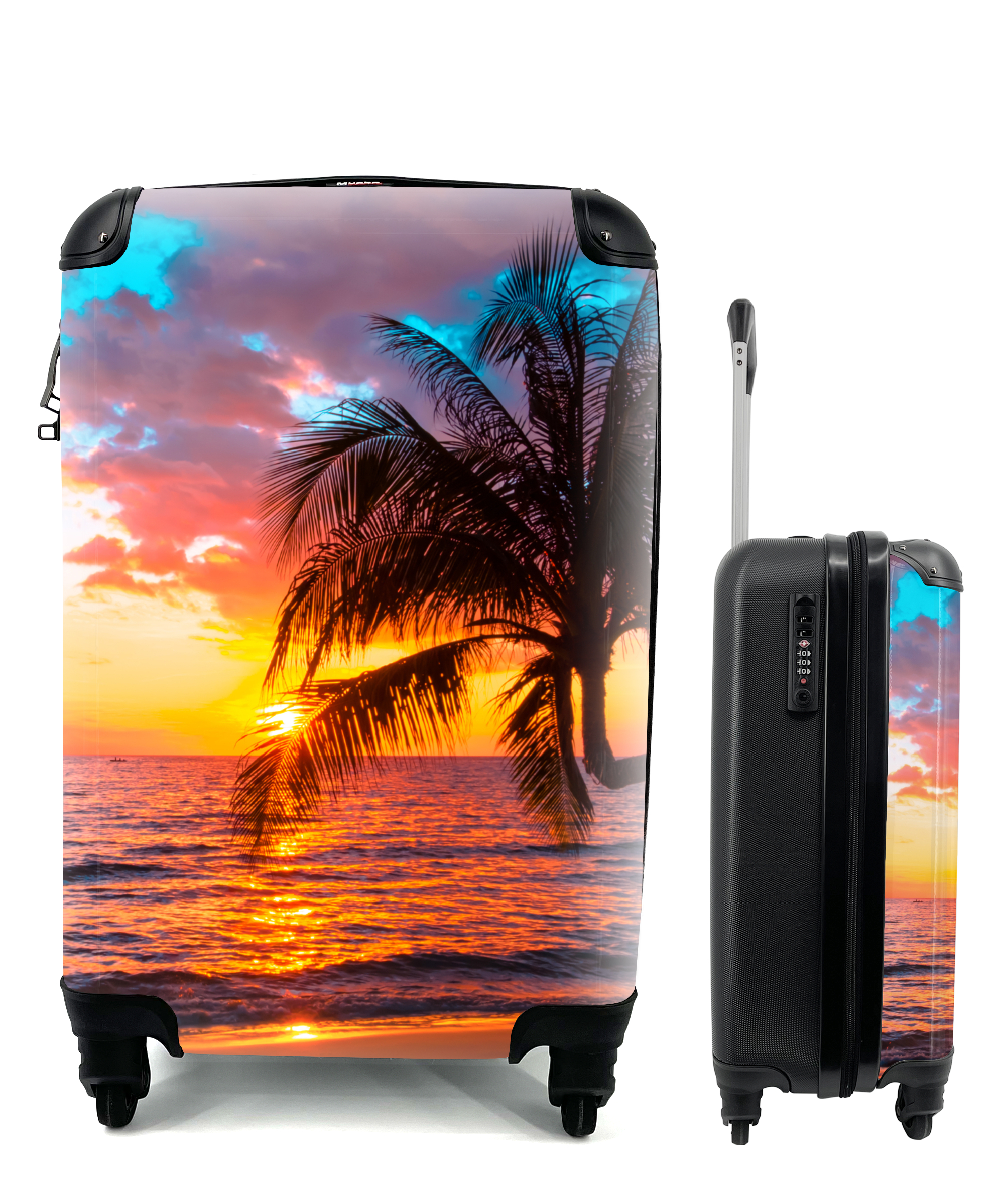 MuchoWow® Koffer Handgepäck Trolley Rollkoffer Kleine Reisekoffer mit 4 Rollen - Palme - Sonnenuntergang - Strand - Meer - Horizont - Cabin Size < 55x40x23 cm & 55x40x20 cm - Fotokoffer - Kabinenkoffer - Boardgepäck - Reise-Box - Reisekoffer - Reisegepäck - Koffer mit Bild - Trolley für Kinder 68|891611693
