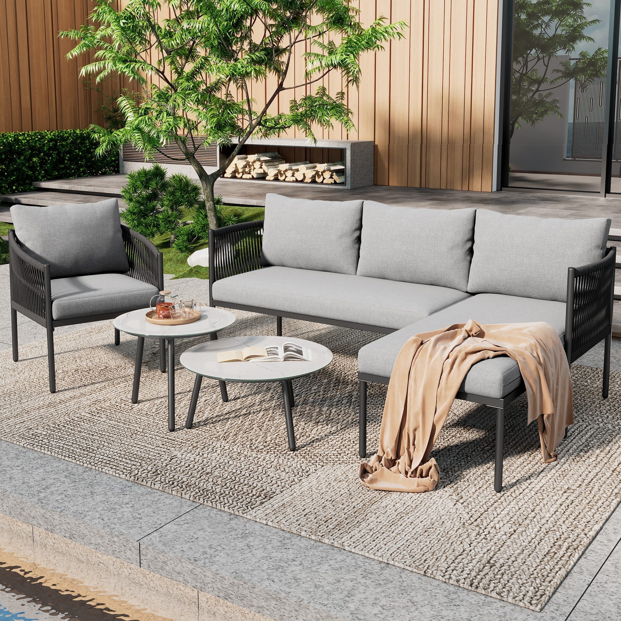 Lanki International Odikalo Gartenlounge-Set Gartenmöbel-Set Ecksofa Einzelsitz 2 Glas Couchtische Marmor Grau