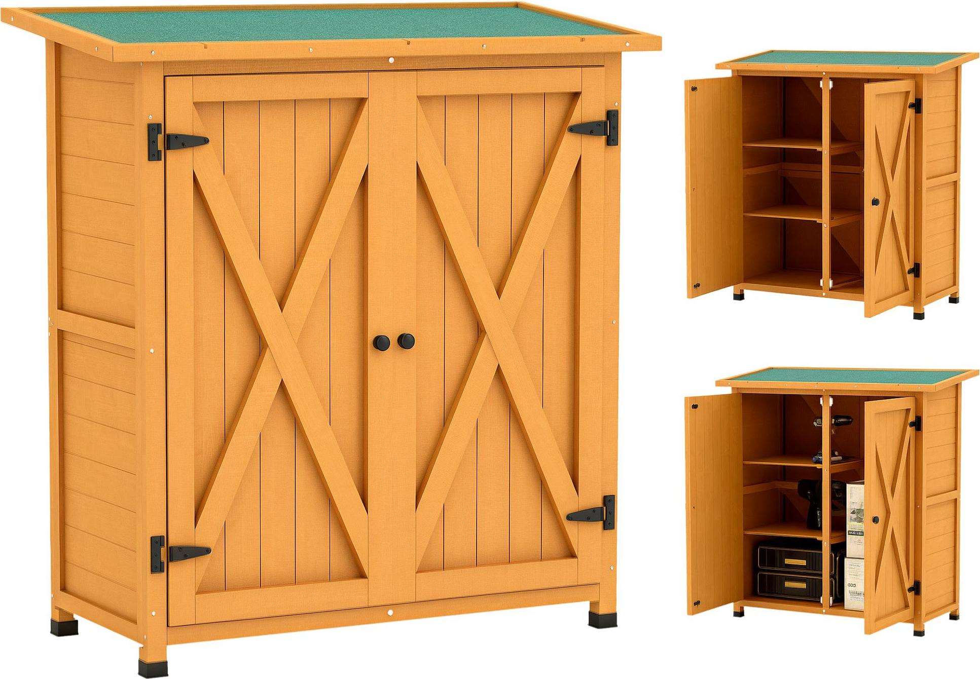 Outsunny záhradný domček, drevený domček na náradie, domček na náradie odolný voči poveternostným vplyvom s 2 dverami, domček na náradie s asfaltovou strechou, 110 x 55 x 117 cm, žltá farba