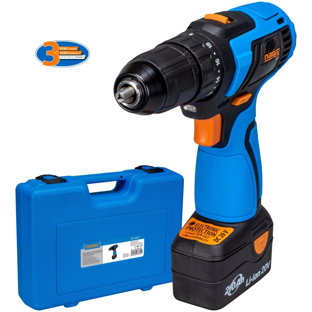 Akumulátorová vŕtačka Narex ASV 202-2 e-POWER 20V/2x2,0Ah