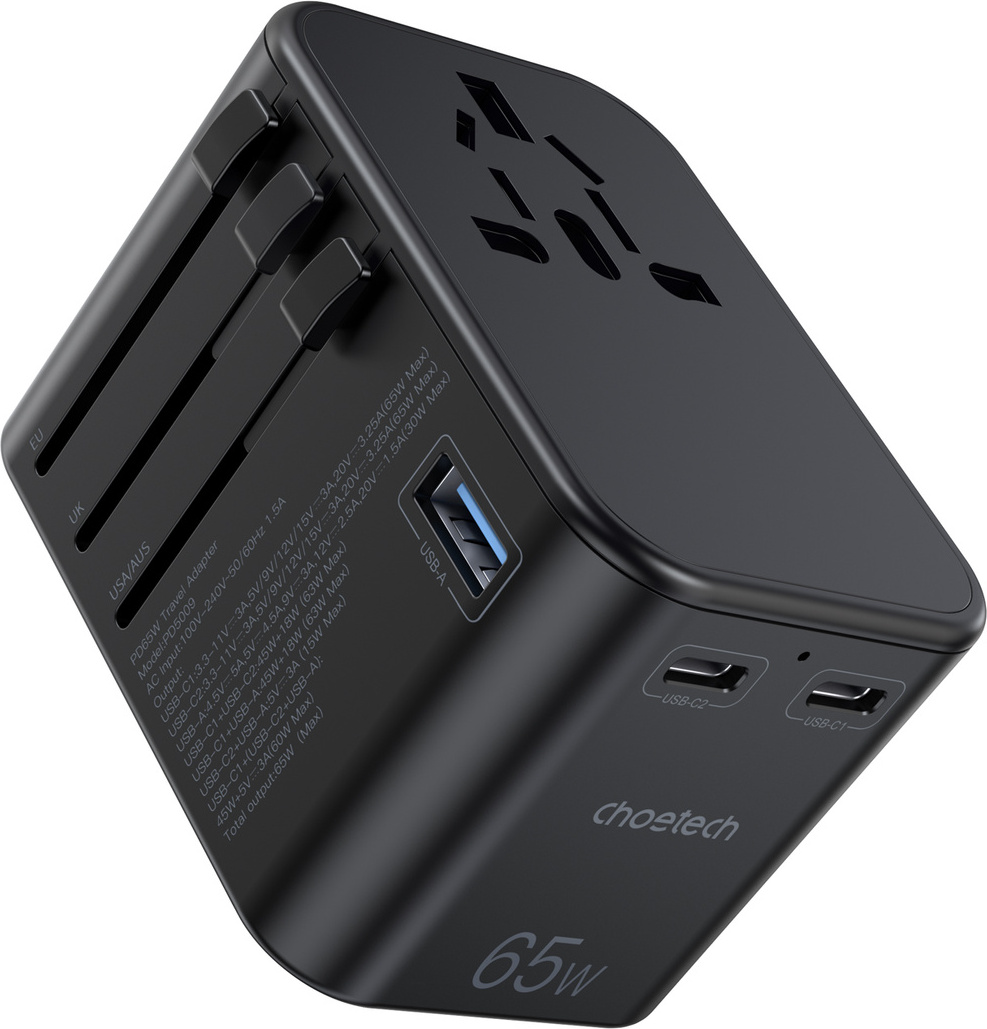 Choetech Schnelles Universal Reise-Ladegerät Gan 2 X Usb Typ C / Usb 65W Stromversorgung Schwarz (Pd5009-Bk) 95980-uniw