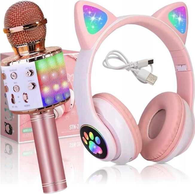 Bluetooth Slúchadlá Cat Ears Led Karaoke Mikrofón Deti Do Uší Ružová