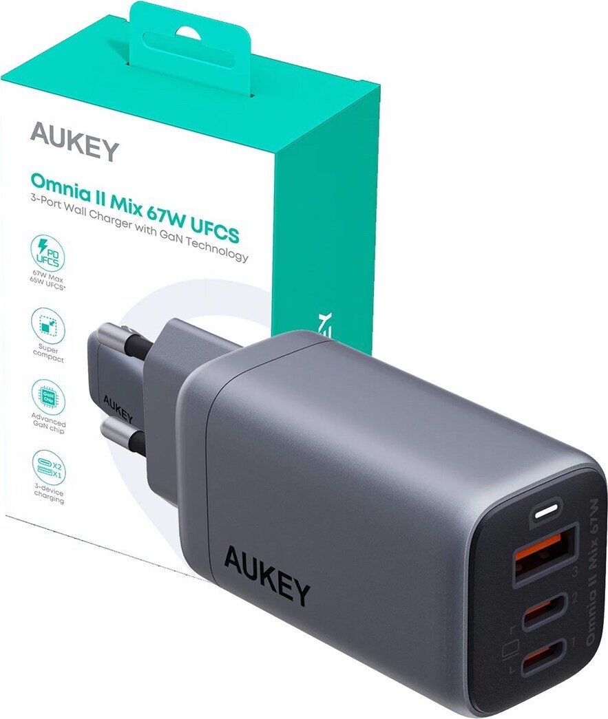 Incarcator universal Aukey PA-B6U VOLTAPEX II, 67W PD GAN, 2xUSB-C, 1xUSB-A, 69x40x34mm