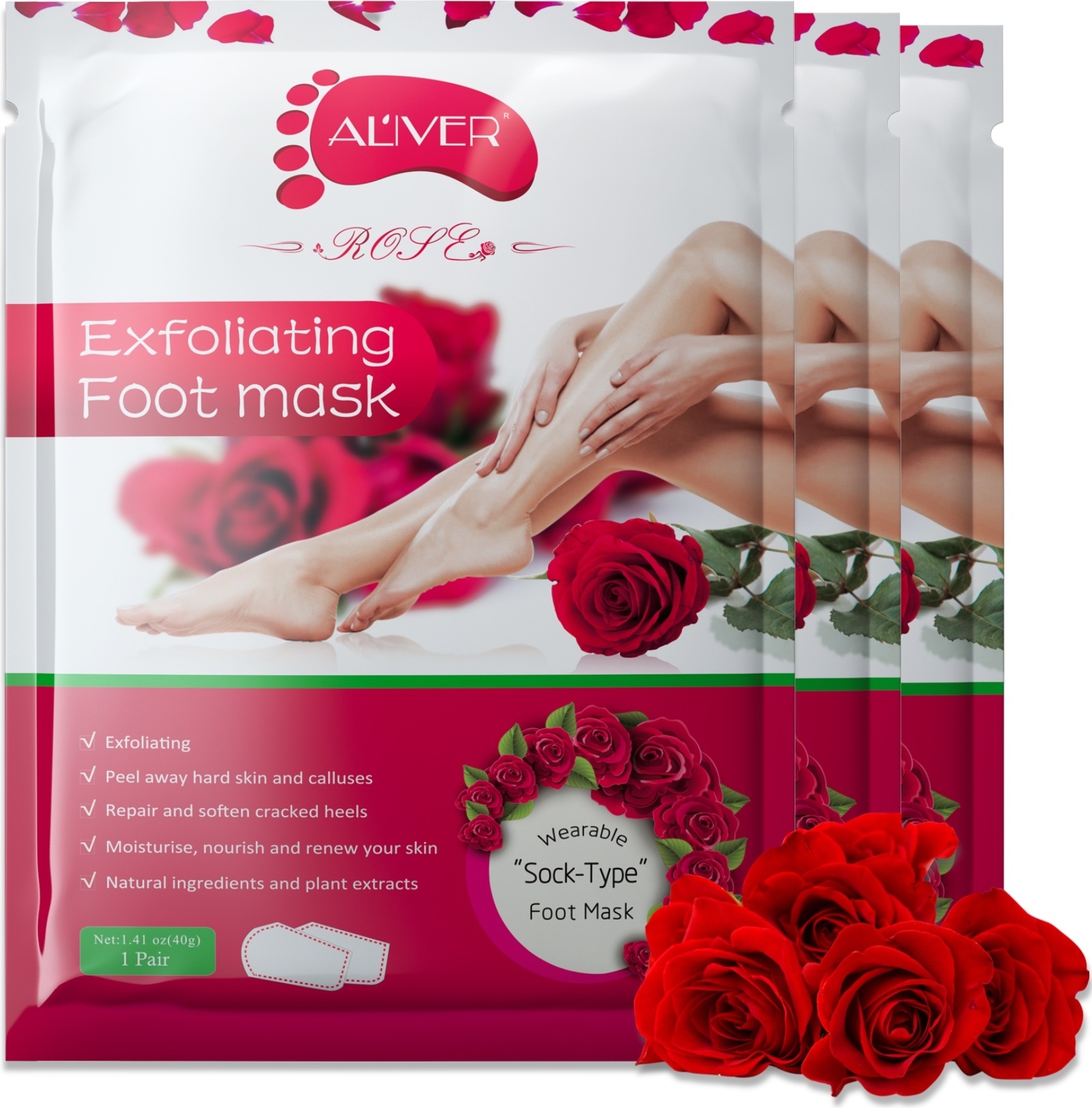 ALIVER Fußmaske Fusspeeling Fußpflege Anti Hornhaut Socken Hornhautentferner, Rose 3 Paar NEW-2464