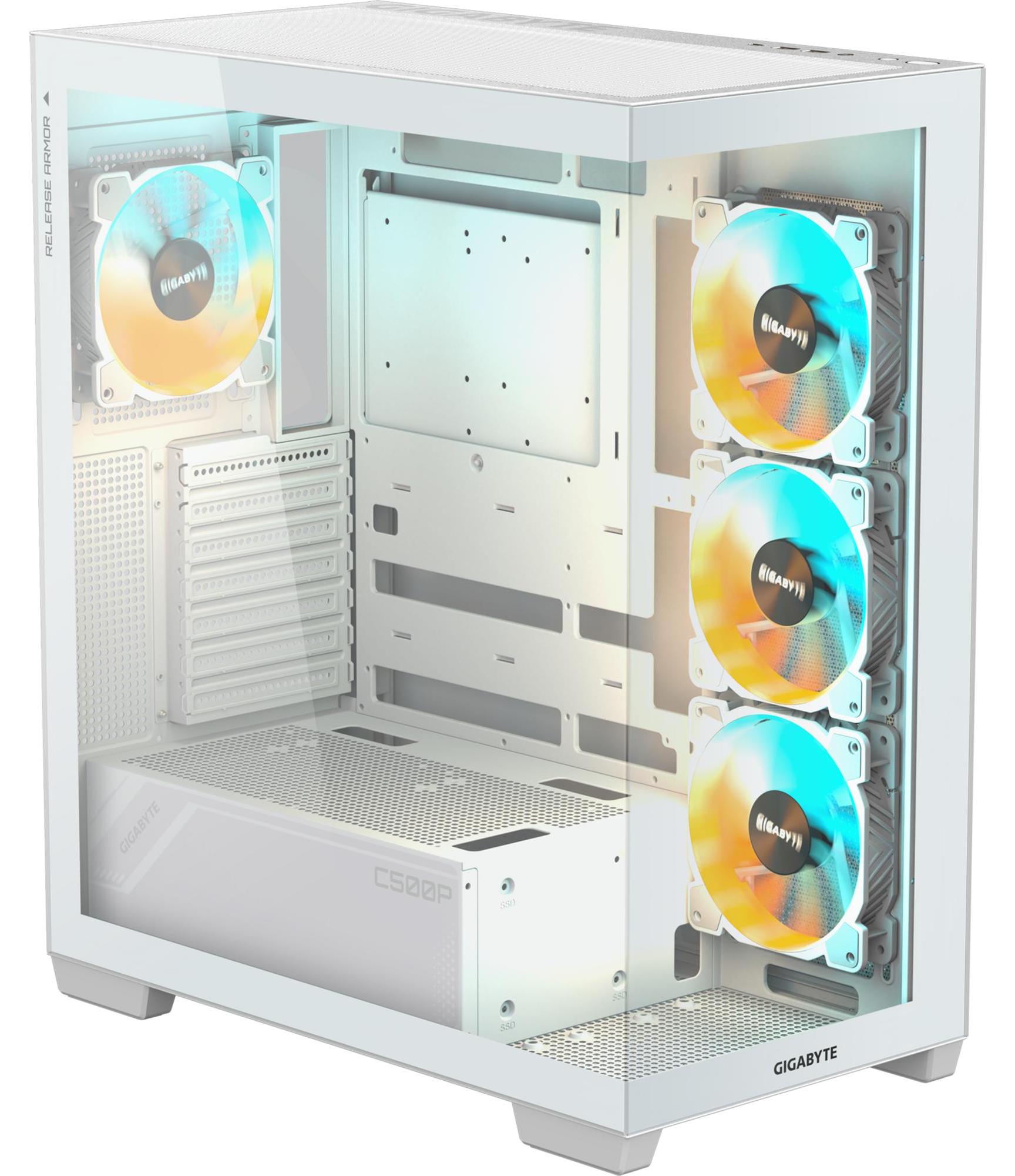 Gigabyte Gaming-Computergehäuse - Mini ITX, Micro ATX, ATX Motherboard Supported - Mid-Tower - Gehärtetes Glas, Stahl, Plastik, Glas - Weiß - 4 x 120mm Fan(s) Installed - 3 x Fan(s) Supported - 3 x Internal 2.5" Bay(s) - 2 x Internal 2.5"/3.5" Bay(s) - 7 x Slot(s) - 3 x USB(s) - 2 x USB 3.0, 1 x USB 3.2 Gen 2 Typ C - 1 x Audioeingang - 1 x Audioausgang GB-C500PI ST