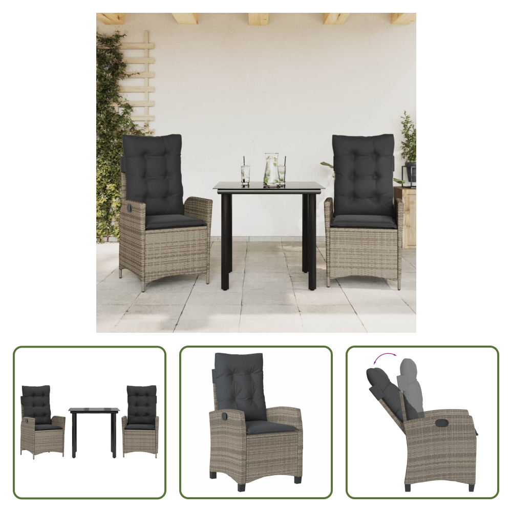 The Living Store 3-dielny záhradný jedálenský set s vankúšmi sivý polyratan