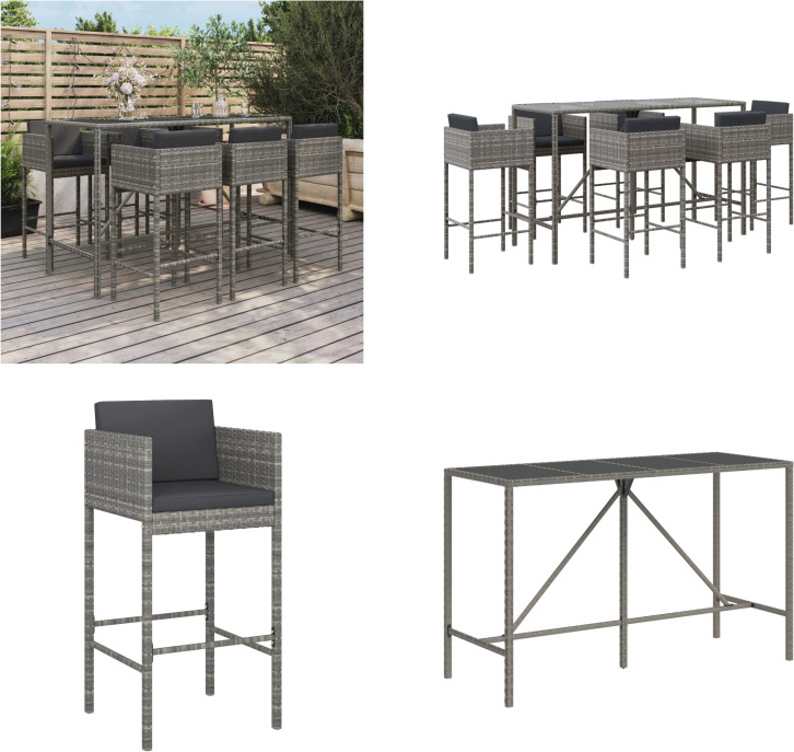 vidaXL 7 tlg. Gartenbar Set mit Kissen Grau Poly Rattan - Gartenbar Set - Gartenbar Sets - Garten Bar Set - Gartenbar