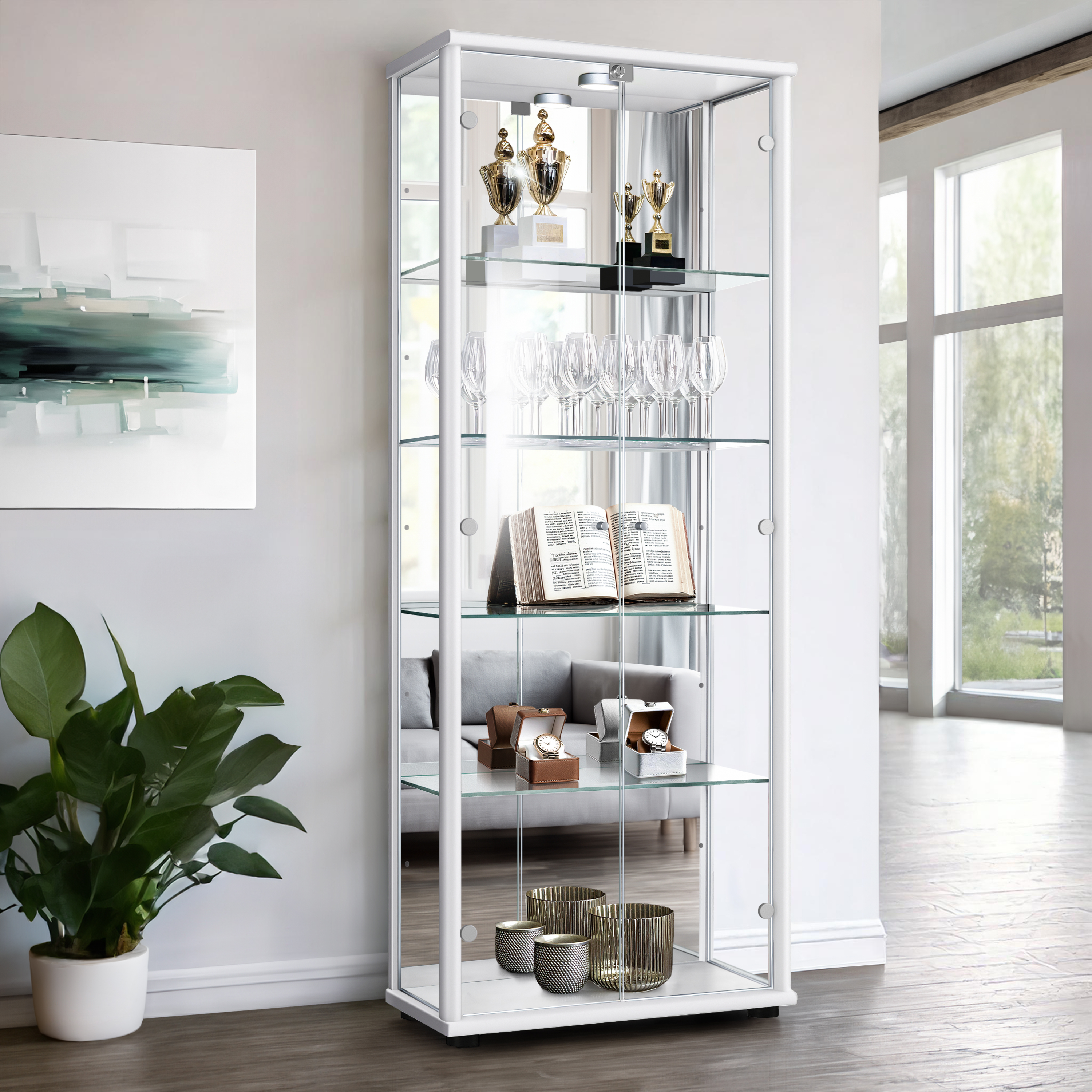 COSTWAY Vitrine En Verre 161,5 Cm, Armoire Cuisine Haute Avec 2 Portes Vitrées Et 2 Portes Multi