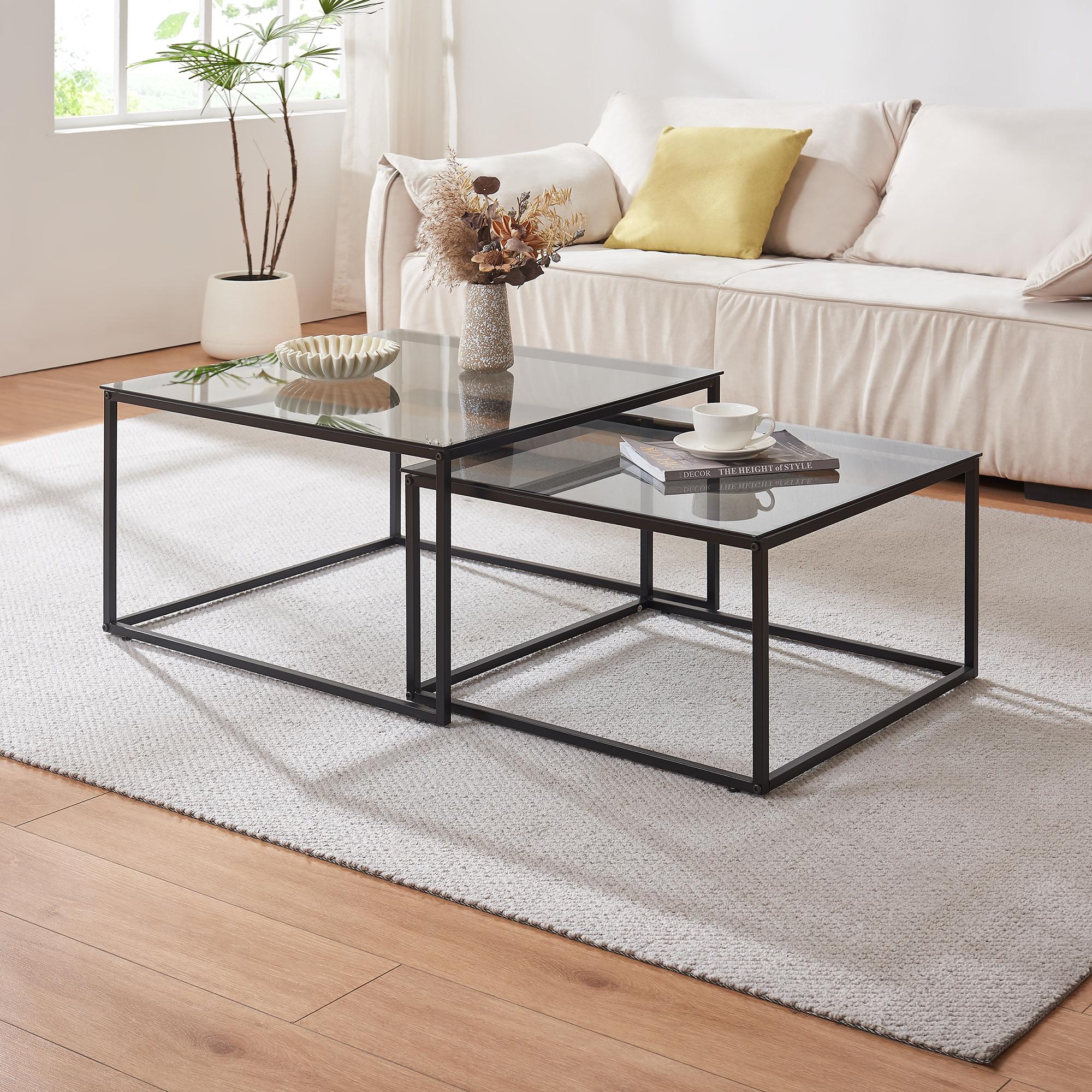 en.casa Couchtisch 2er Set 'Tromlaslo' Metallgestell quadratisch Rauchglas, grau