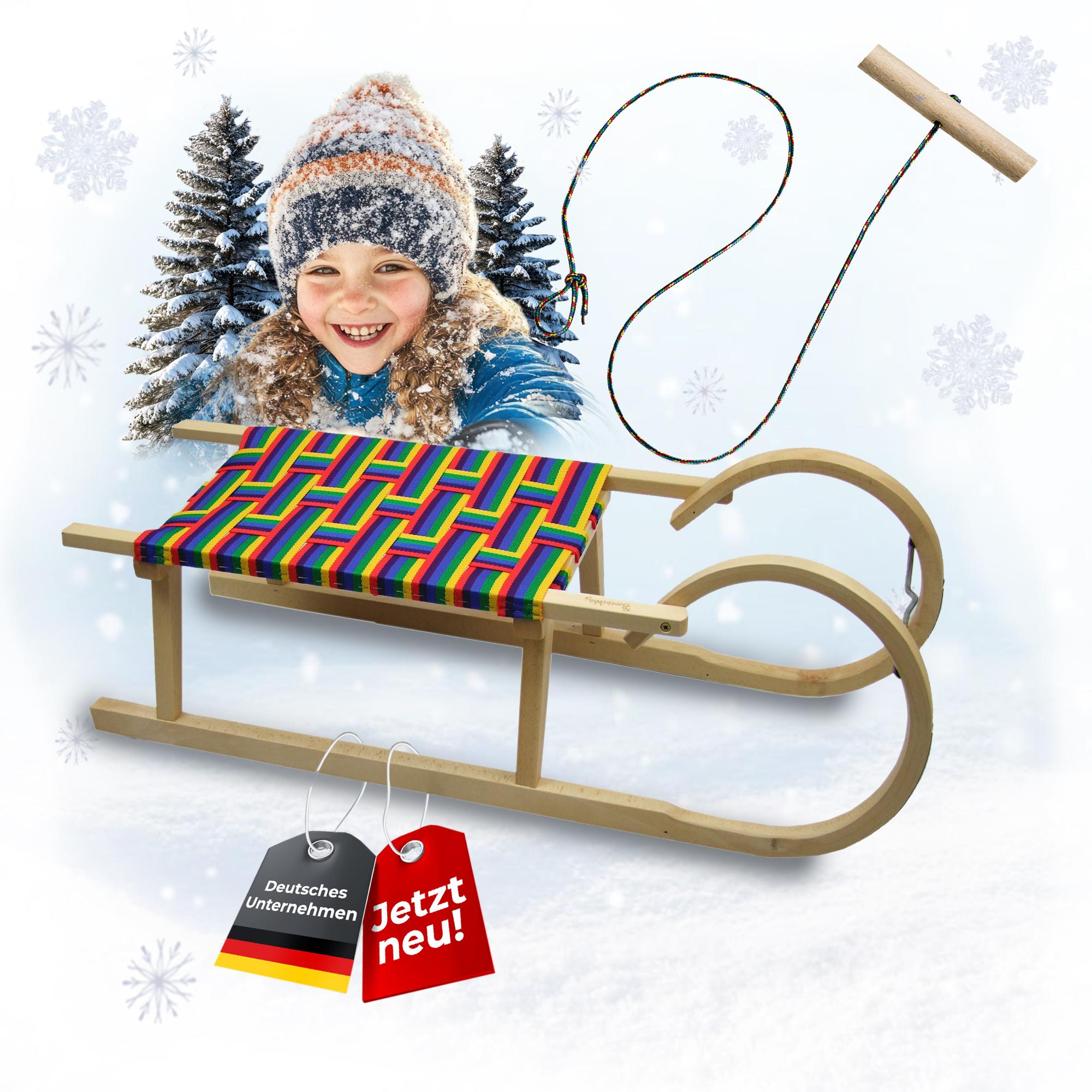 BambiniWelt by Rafael K. BAMBINIWELT Hörnerrodel Holzschlitten mit Zugseil Schlitten 100cm Gurtsitz bunt