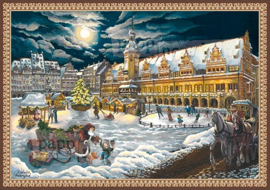 Mini adventný kalendár Lipsko – Stará radnica, rušný trh, akvarel
