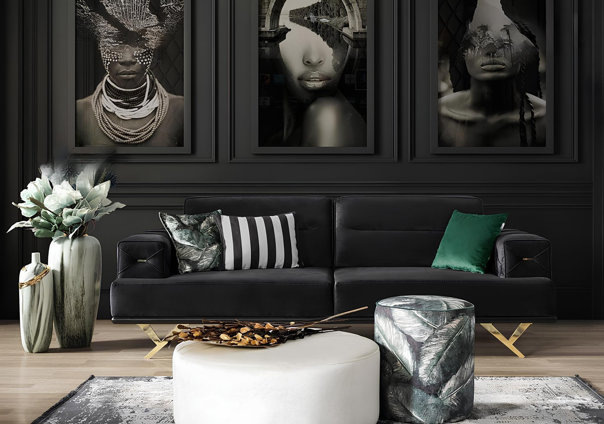 Schwarzer Dreisitzer Wohnzimmermöbel Couchtisch Hocker Modernes Design