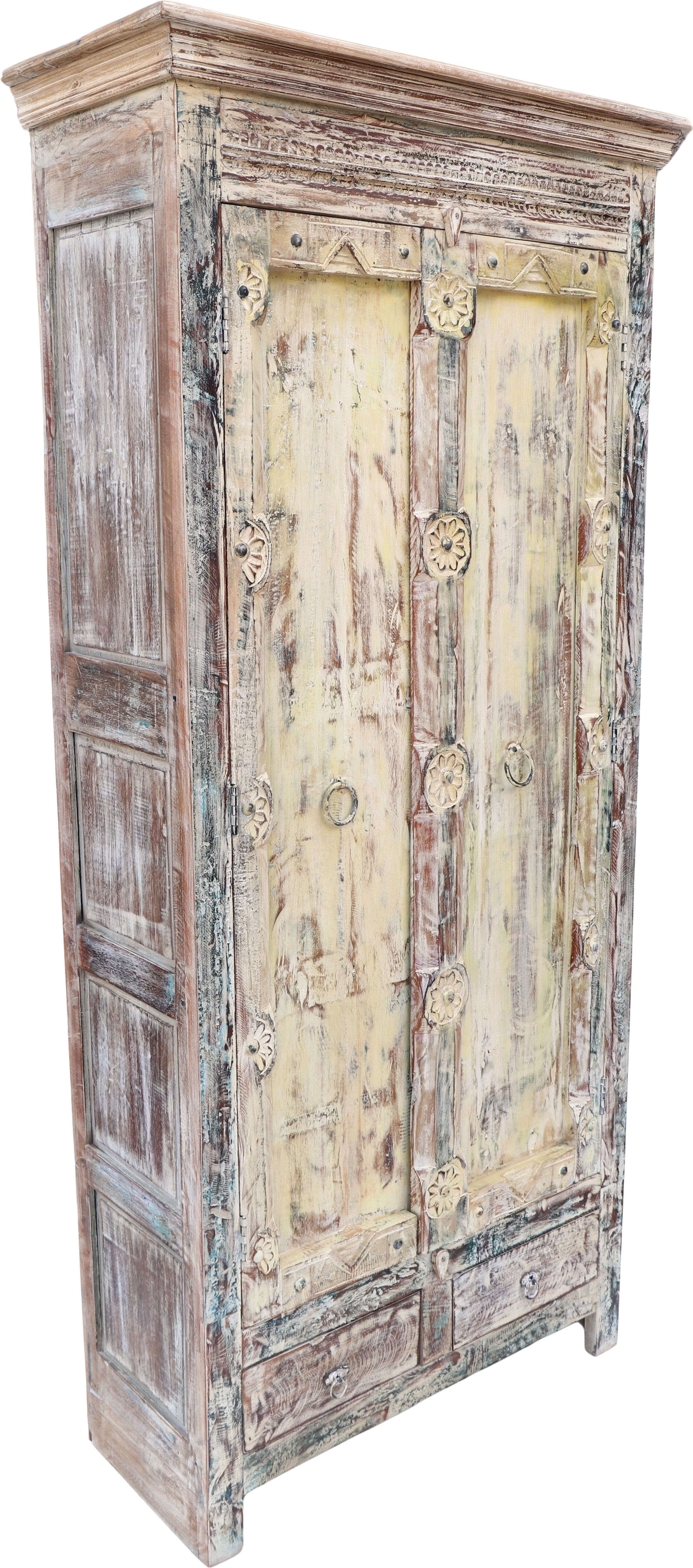 Schrank, Kleiderschrank, Massivholz, Vintage Look - Modell A6, Antik-weiß, 212*100*42 cm, Schränke & Kleiderschränke