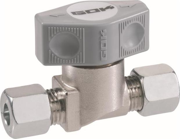 GOK Schnellschussventil 0370300 vernickelt, PS 16 bar, Schneidring Typ D, RVS 12 x RVS 12