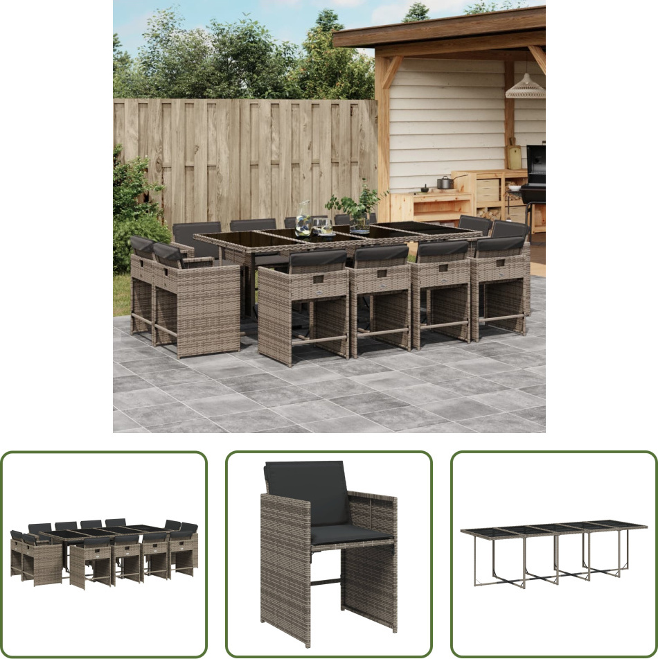 The Living Store 13-dielny záhradný jedálenský set s vankúšmi sivý polyratan