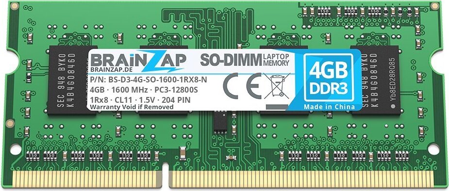 BRAINZAP 4GB DDR3 RAM SO-DIMM PC3-12800S 1Rx8 1600 MHz 1.5V CL11 Notebook Laptop Arbeitsspeicher BS-D3-4G-SO-1600-1RX8-N