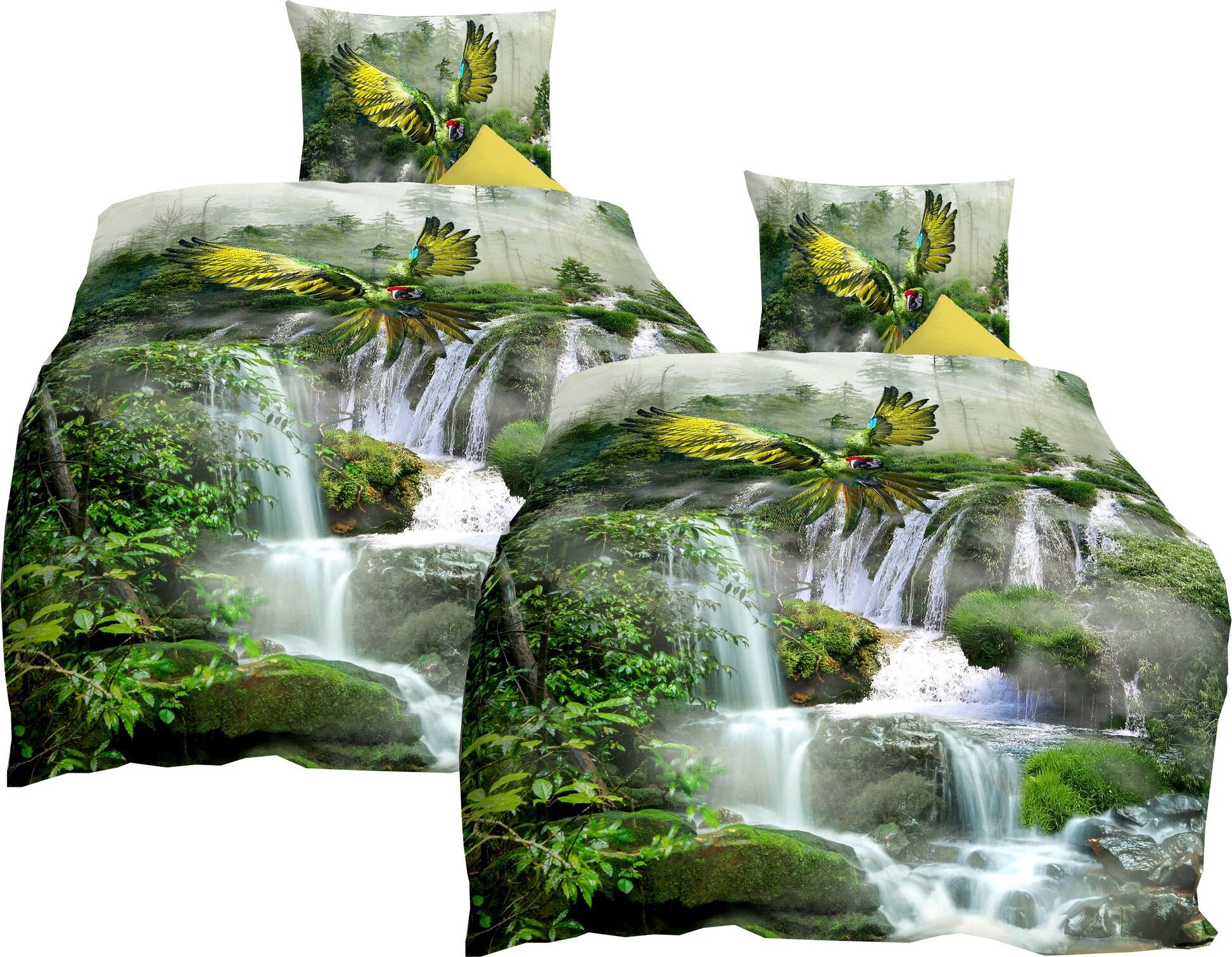 JACK by Kaeppel Mako Satin 4 tlg. Digitaldruck Bettwäsche Wasserfall Papagei Dschungel Regenwald Waterfall, Größe:155x220cm Bettwäsche 2x 396/603 155x220cm