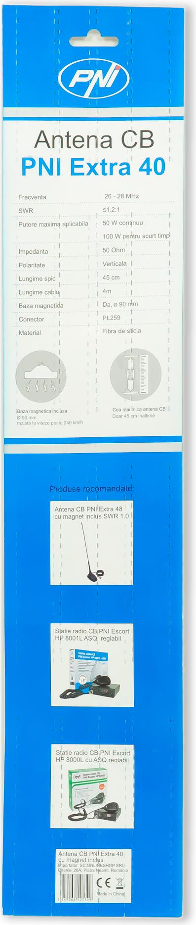 Antenne CB PNI Extra 40, inkl. Magnet, Länge 45 cm, 30 W, 26-30 MHz, SWR 1.0, Glasfaser PNI-EXTRA40