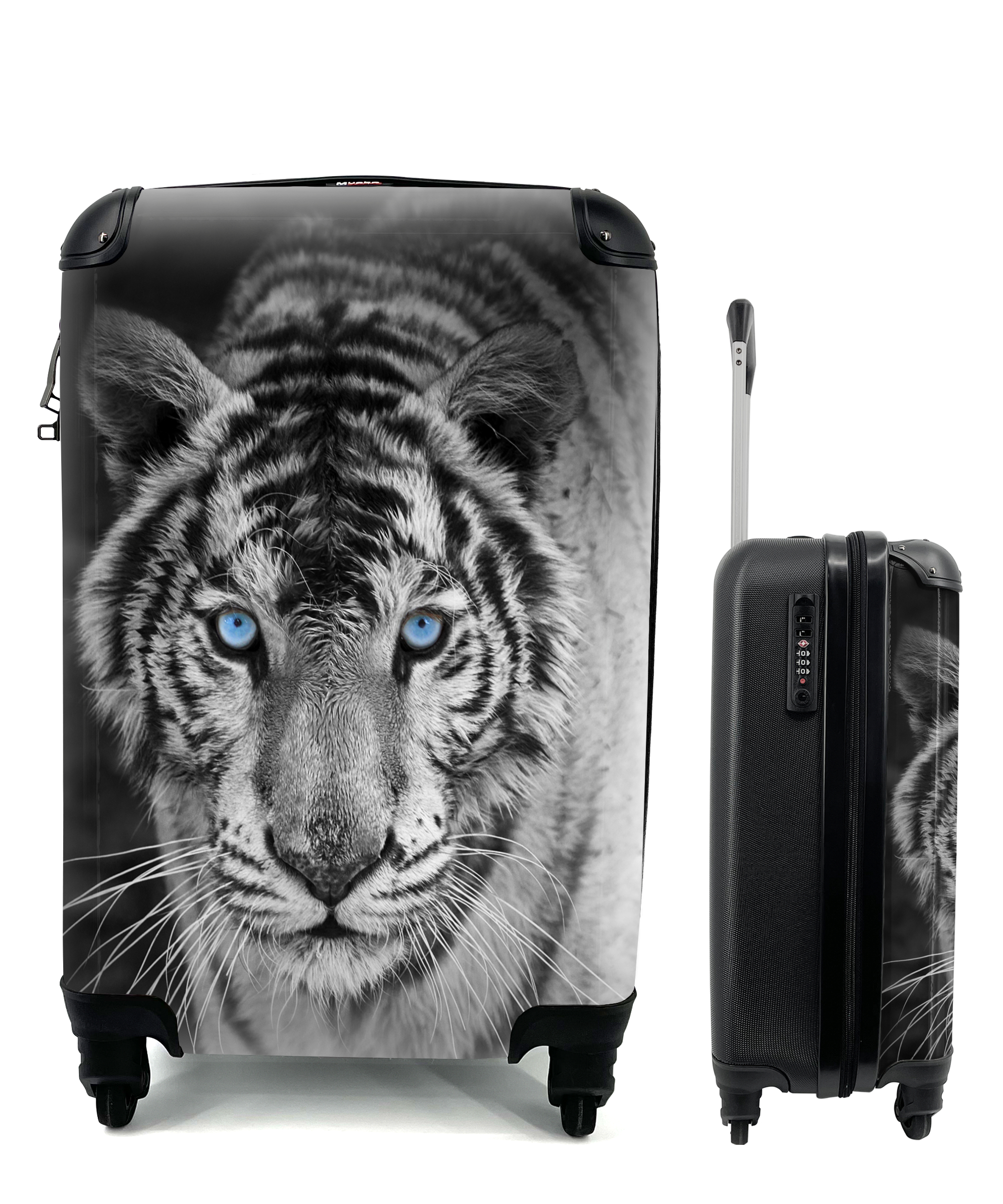 MuchoWow® Koffer Handgepäck Trolley Rollkoffer Kleine Reisekoffer mit 4 Rollen - Tiere - Tiger - Schwarz und weiß - Augen - Blau - Cabin Size < 55x40x23 cm & 55x40x20 cm - Fotokoffer - Kabinenkoffer - Boardgepäck - Reise-Box - Reisekoffer - Reisegepäck - Koffer mit Bild - Trolley für Kinder 68|891607724