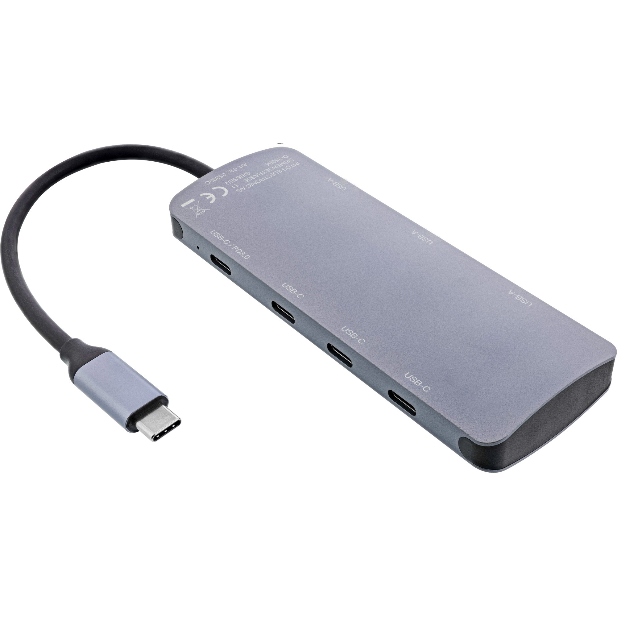 Rozbočovač InLine® USB 3.2 Gen.2, 4x USB-C + 3x USB-A, PD 100 W, hliník, sivý