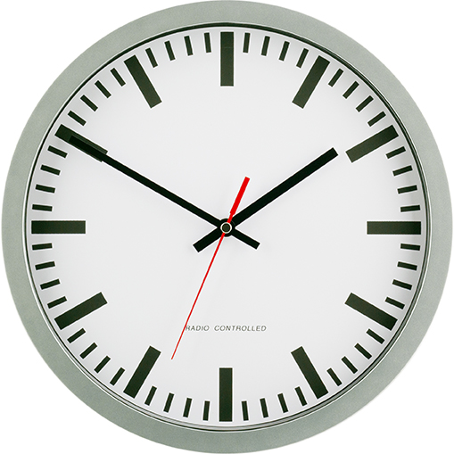 Rádiom riadené nástenné hodiny Eurotime 53830-07, 30 cm, plastové puzdro, strieborná farba, pravé sklo, priehľadný ciferník, červená sekundová ručička