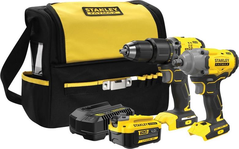 Stanley, SFMCK217M1S, sada akumulátorového vŕtacieho kladiva a príklepového uťahováka de, systém V20 20V, vrátane akumulátora 4,0 Ah, tašky a nabíjačky, na profesionálne použitie, čierna so žltou farbou