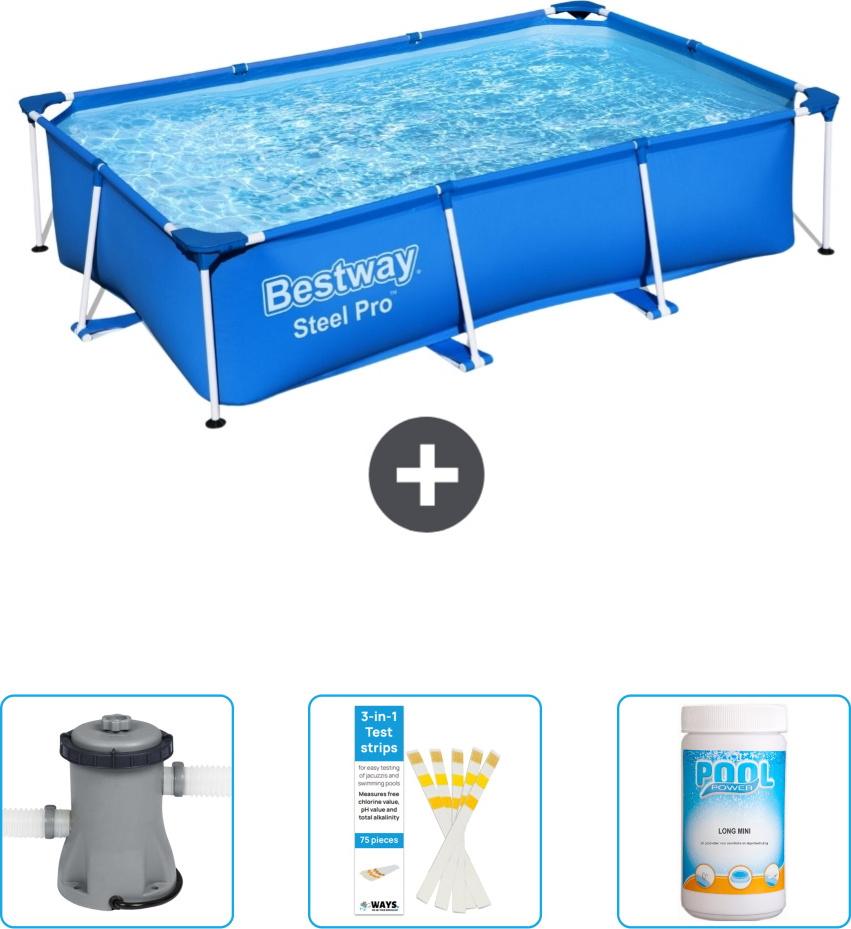 Obdĺžnikový bazén Bestway Steel Pro - 259 x 170 x 61 cm - modrý - obsahuje čerpadlo - testovacie prúžky - chlór