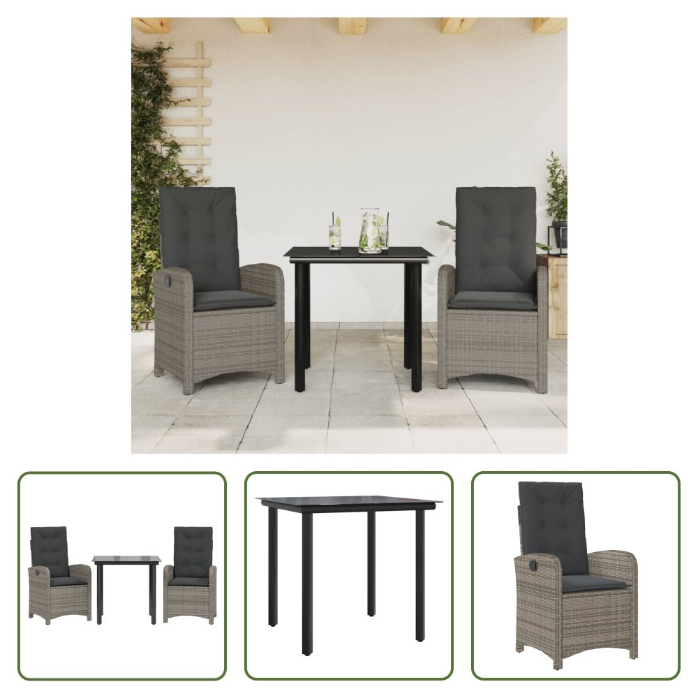 The Living Store 3-dielny záhradný jedálenský set s vankúšmi sivý polyratan
