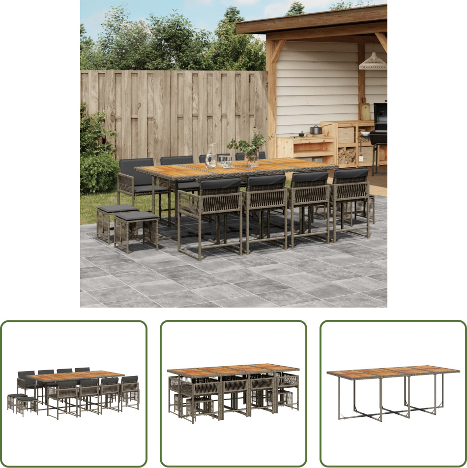 The Living Store 13-dielny záhradný jedálenský set s vankúšmi sivý polyratan