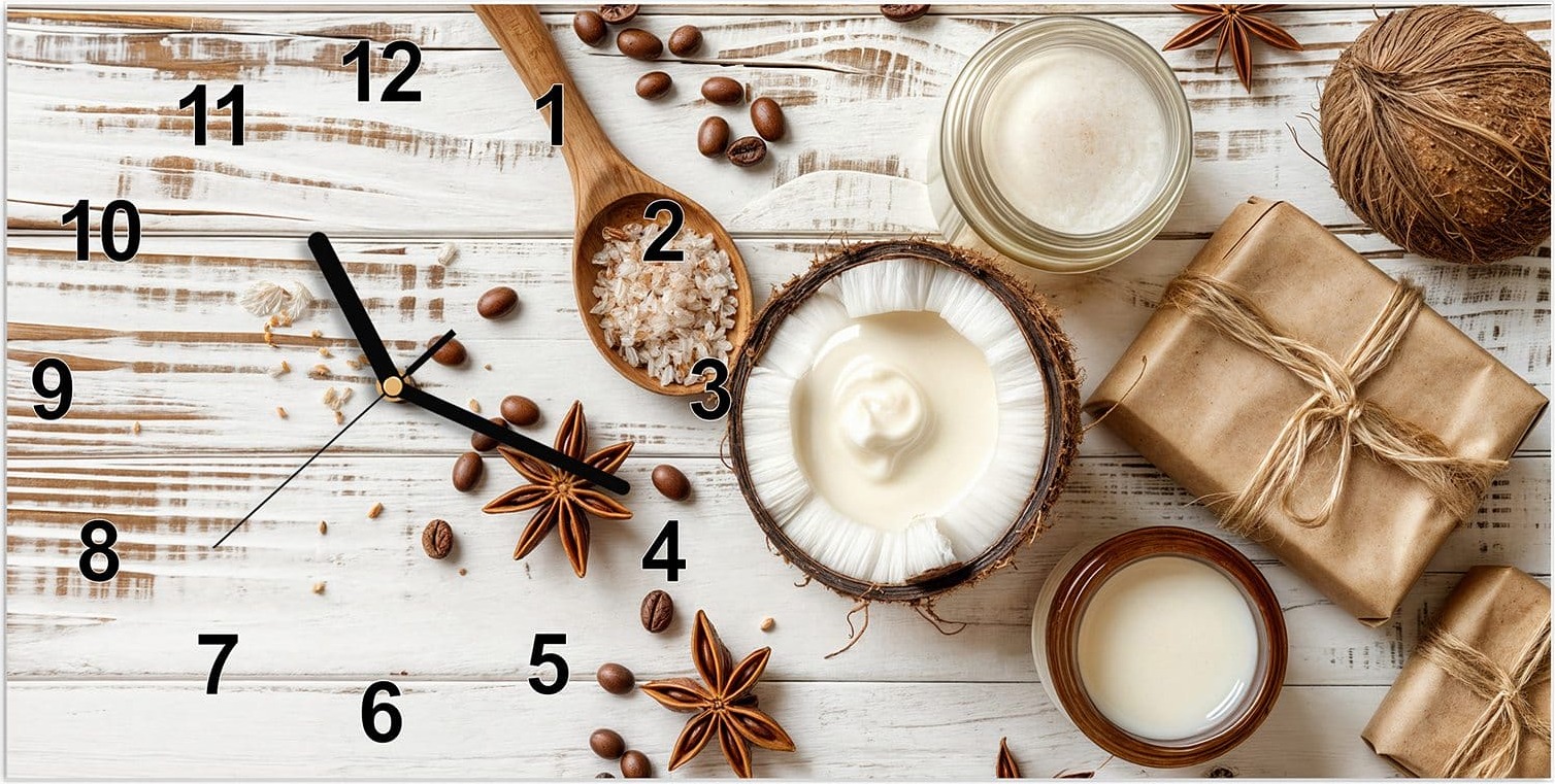 Primedeco Wanduhr aus Glas mit Motiv Natürliche Pflegeprodukte- 60 x 30 cm - inkl. Aufhängesystem