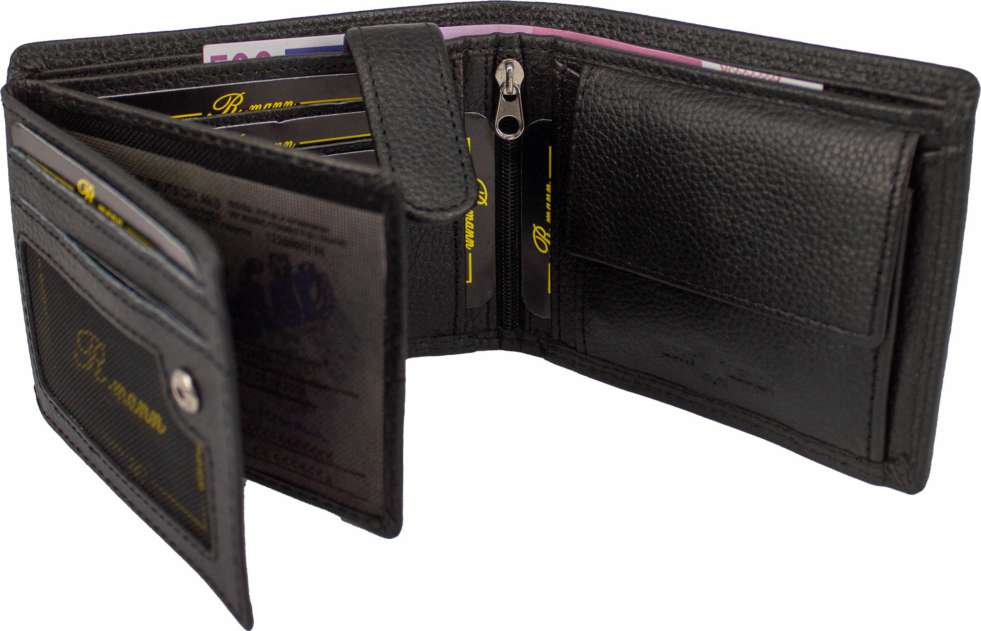 Rundumok Klassische Nappa-Leder Geldbörse für Herren und Damen – 9 Kartenfächer, RFID-Schutz, Schwarz Querformat Portemonnaie mit Doppelnaht 9kh-black