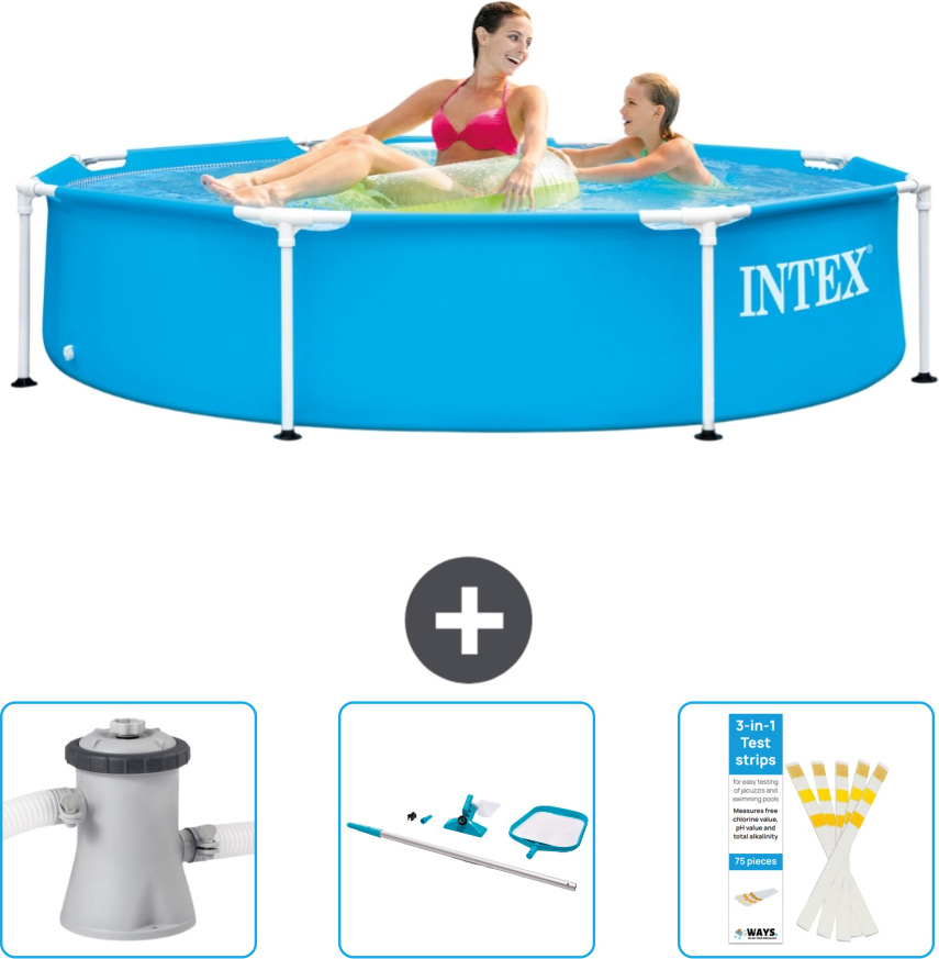 Bazén Intex s okrúhlym rámom - 244 x 51 cm - modrý - obsahuje filtračné čerpadlo pre bazén - čistiacu súpravu - testovacie prúžky