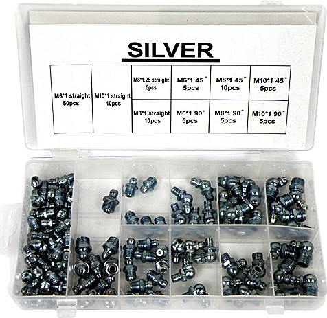 SILVER ELMAX | Schmiernippel Sortiment, 110tlg, M6-M10, Kegelschmiernippel E10539