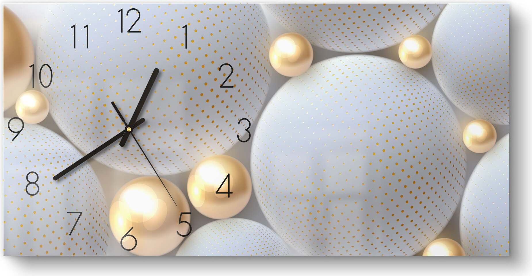 DEQORI Glasuhr 60x30 cm Zahlen 'Angeordnete Kugeln' Wanduhr Glas Uhr Design leise WC-60-30-N-1667