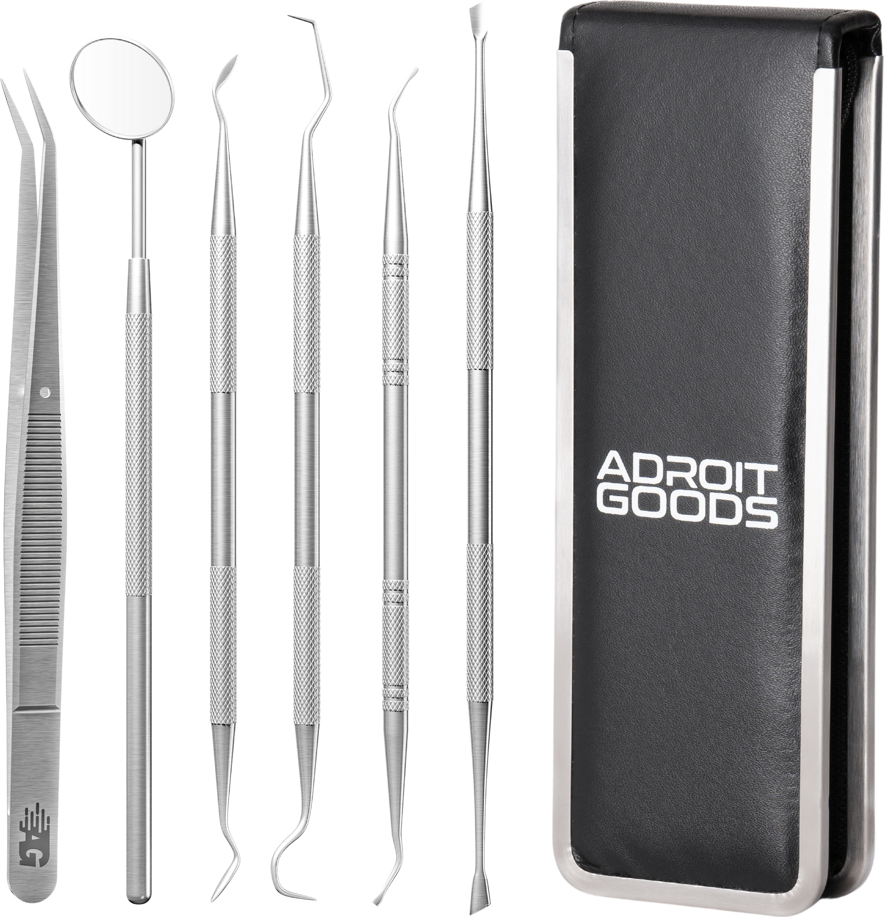 AdroitGoods 7-teiliges Zahnarztset aus Edelstahl - inkl. Haken und Spiegel - Zahnstocher - Zahnbelag - Zahnpflegeset AG1097