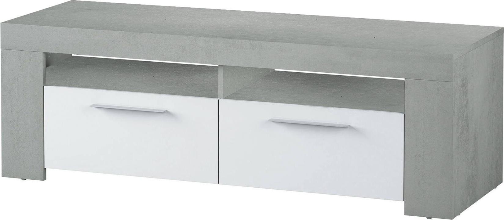 TV-Ständer Stamford, Wohnzimmer TV-Sideboard, TV-Ständer mit 2 Türen, Niedriges Sideboard für Wohnzimmer, 120x42h40 cm, Weiß und Zement