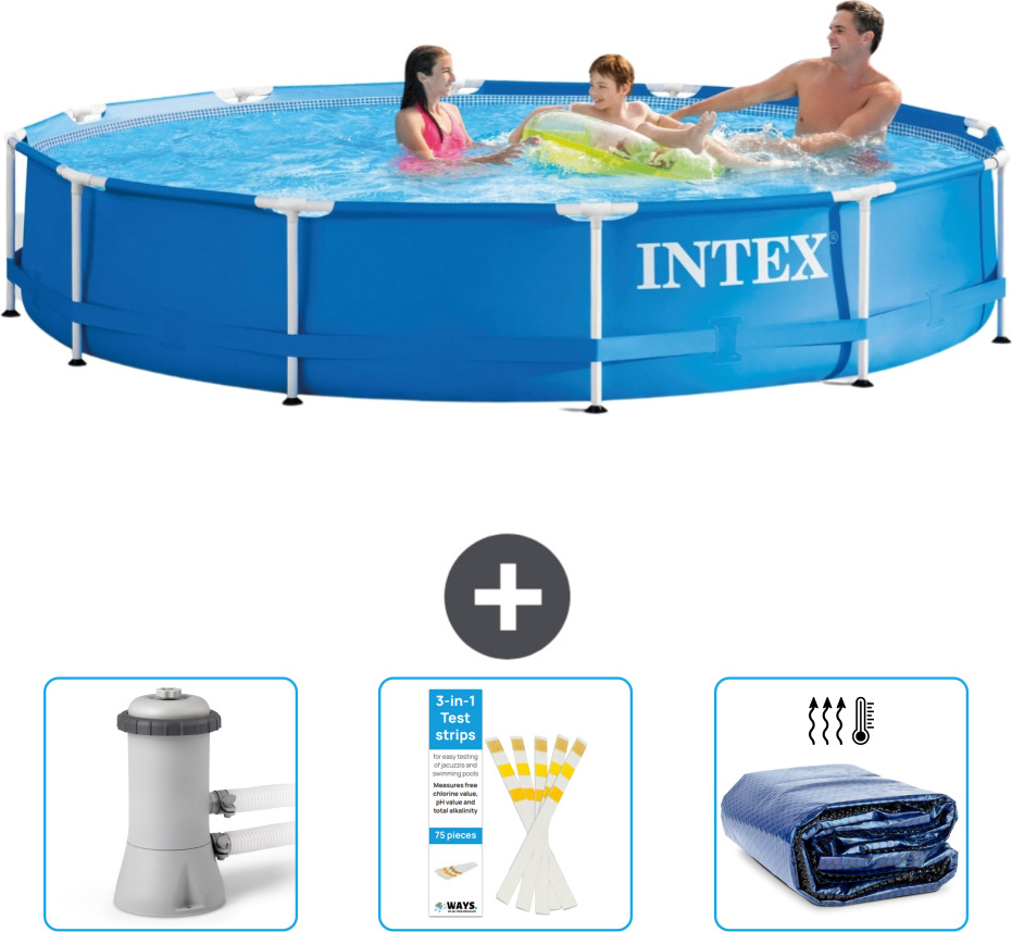 Bazén Intex s okrúhlym rámom - 366 x 76 cm - Modrý - Súčasťou dodávky je filtračné čerpadlo pre bazén - Testovacie prúžky - Slnečná clona