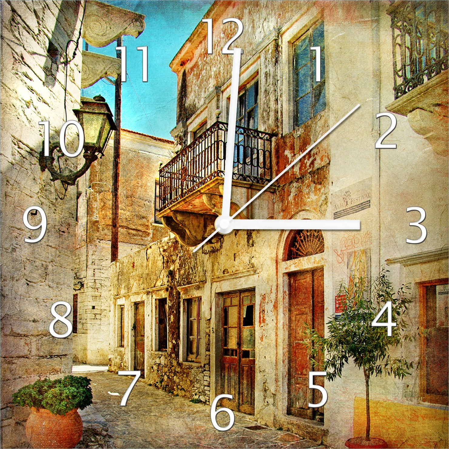 Wallario Design Wanduhr Gasse im Süden, Urlaub in Griechenland aus Echtglas, Größe 30 x 30 cm guk0146-3030