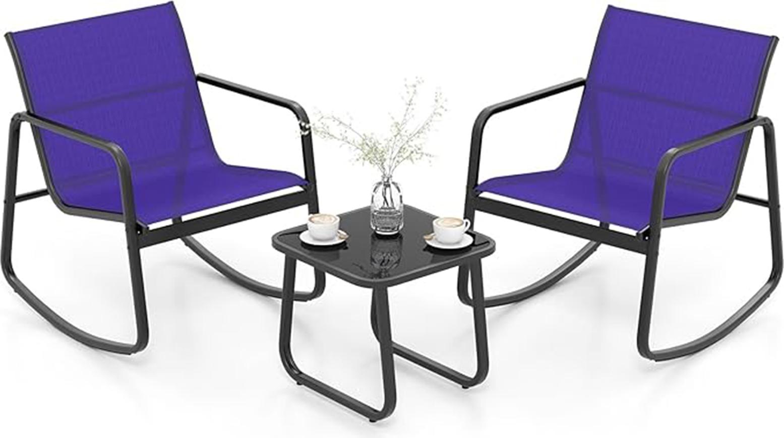 3-dielna súprava stôl a stoličky, 2 pohodlné hojdacie kreslá a konferenčný stolík so sklenenou doskou, nábytok do interiéru aj exteriéru, napríklad na balkón, tmavomodrá farba